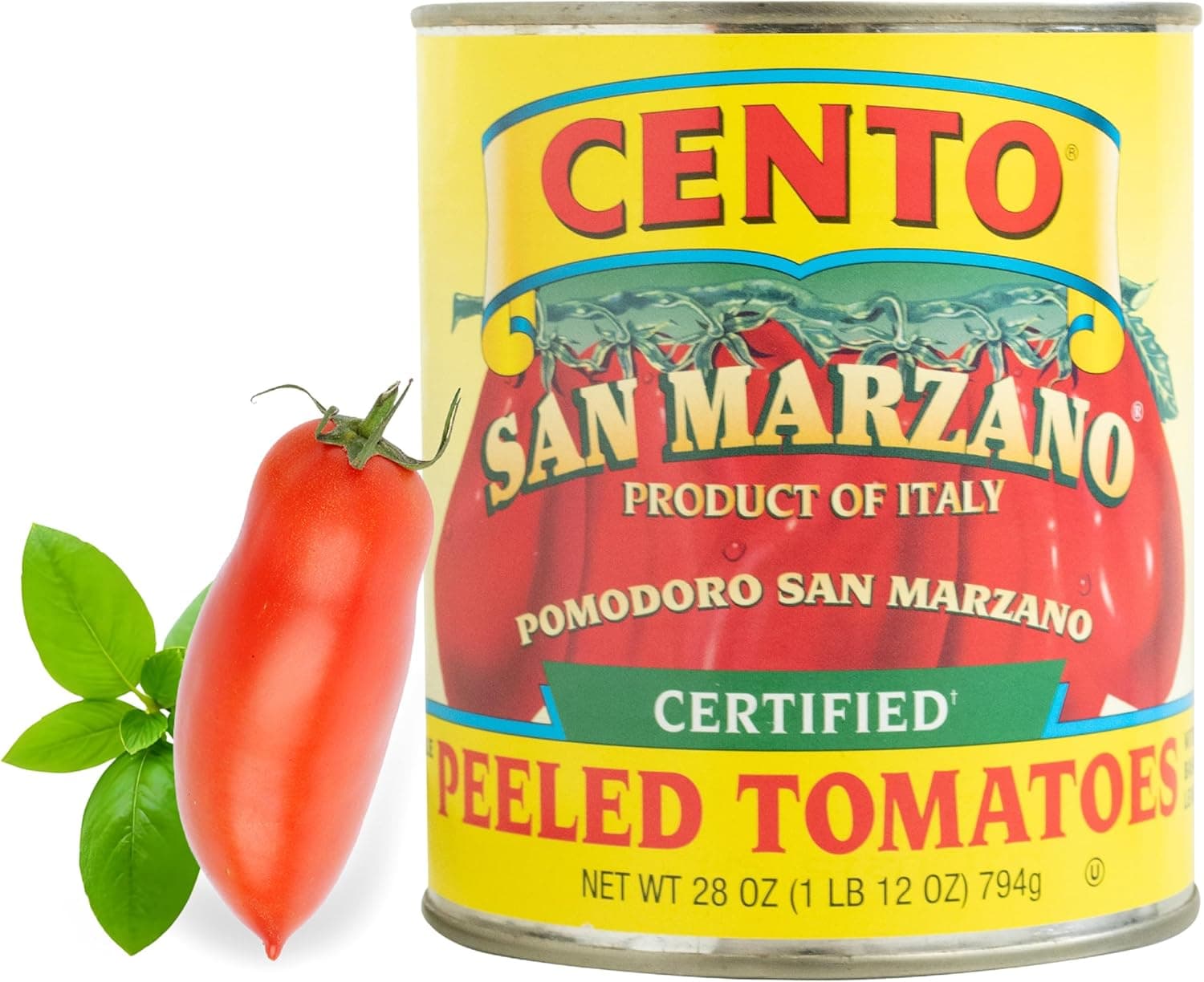 Cento Certified San Marzano Whole Peeled Tomatoes with Basil, 28 oz, Grown & Processed in Italy