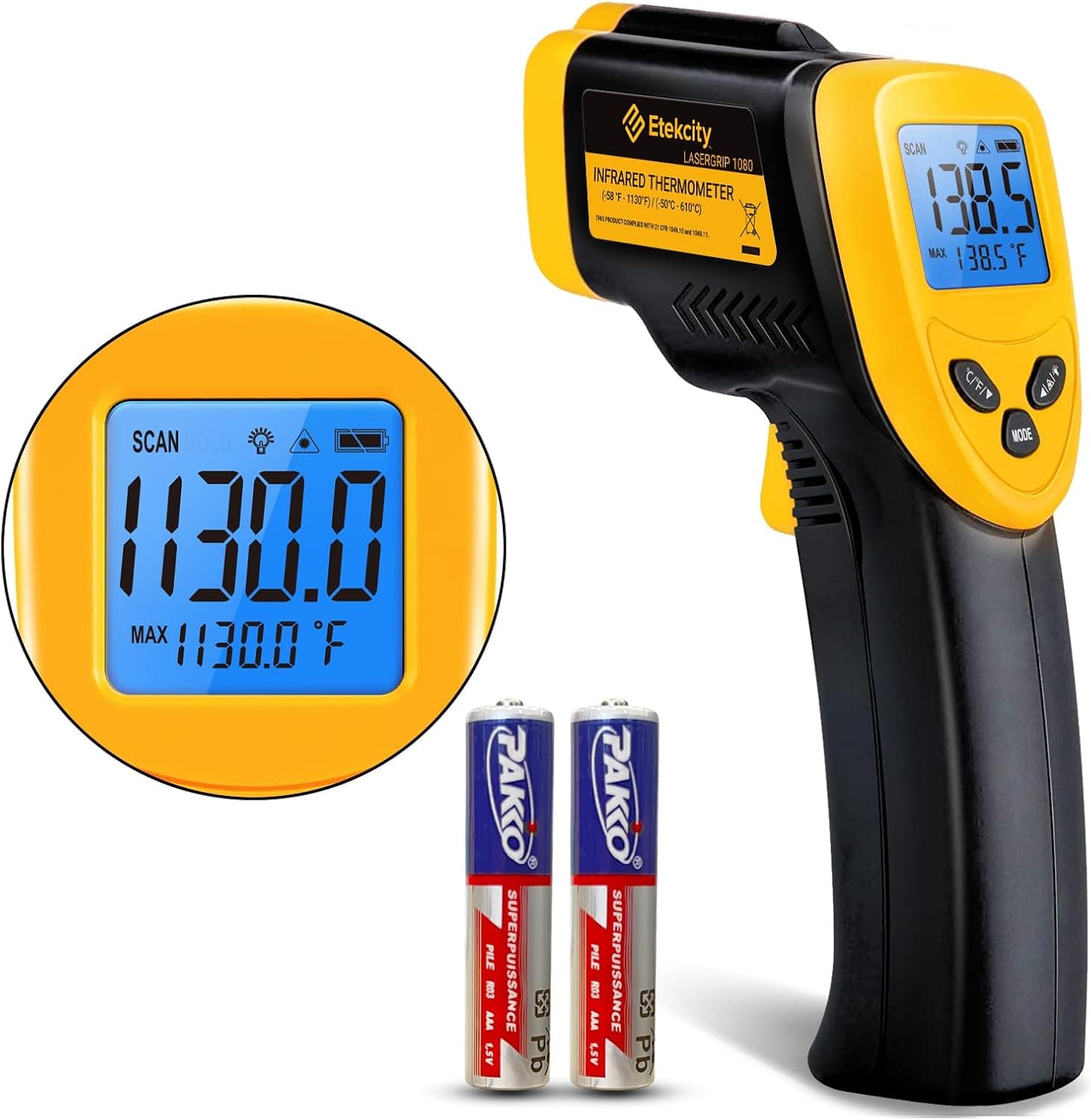 Etekcity Lasergrip 1080 Infrared Thermometer Laser Temperature Gun, -58F~1130F, for Pizza Oven, BBQ, Kitchen