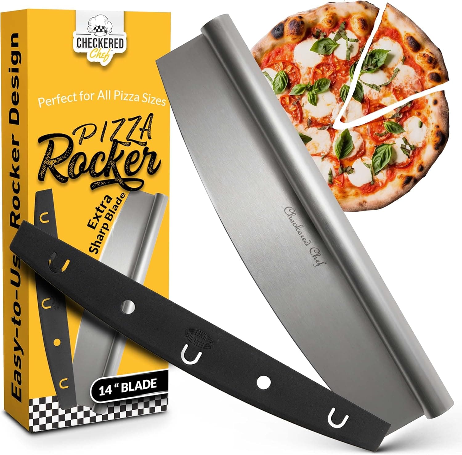 Checkered Chef Pizza Cutter Rocker Blade 14" - Sharp Stainless Steel Rocker Knife with Plastic Blade Sheath