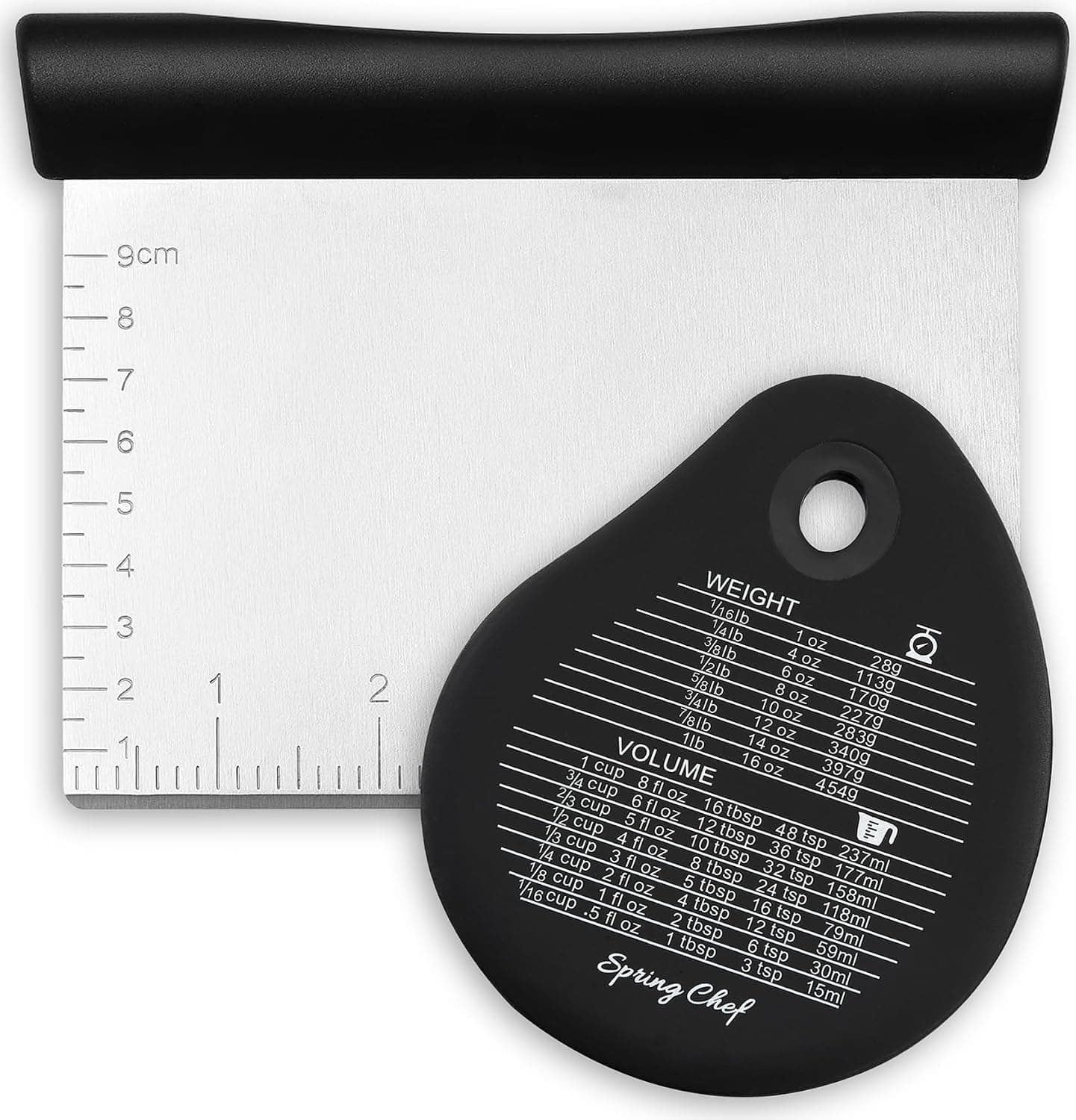 Spring Chef Dough Bench Scraper for Baking with Markings - Stainless Steel Kitchen Dough Cutter Tool with Bowl Pastry Scraper - Black