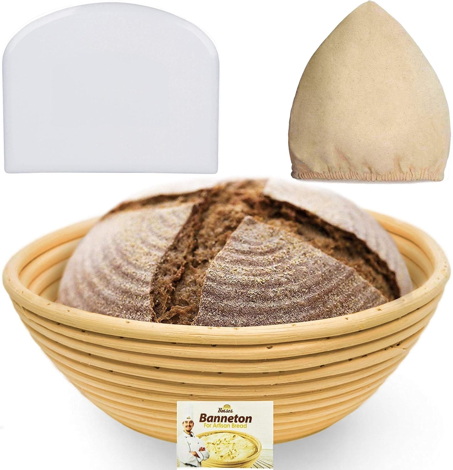 Bread Bosses 9 Inch Bread Banneton Proofing Basket - Proving Basket for Sourdough Bread with Scraper Tool