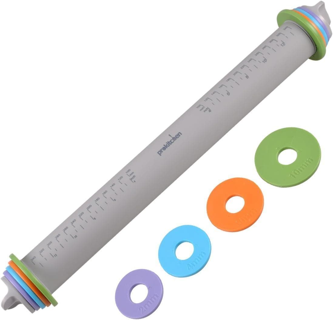 PROKITCHEN Adjustable Silicone Rolling Pin Dough Roller with Removable Thickness Rings Guides for Baking Dough Pizza Pie Cookies