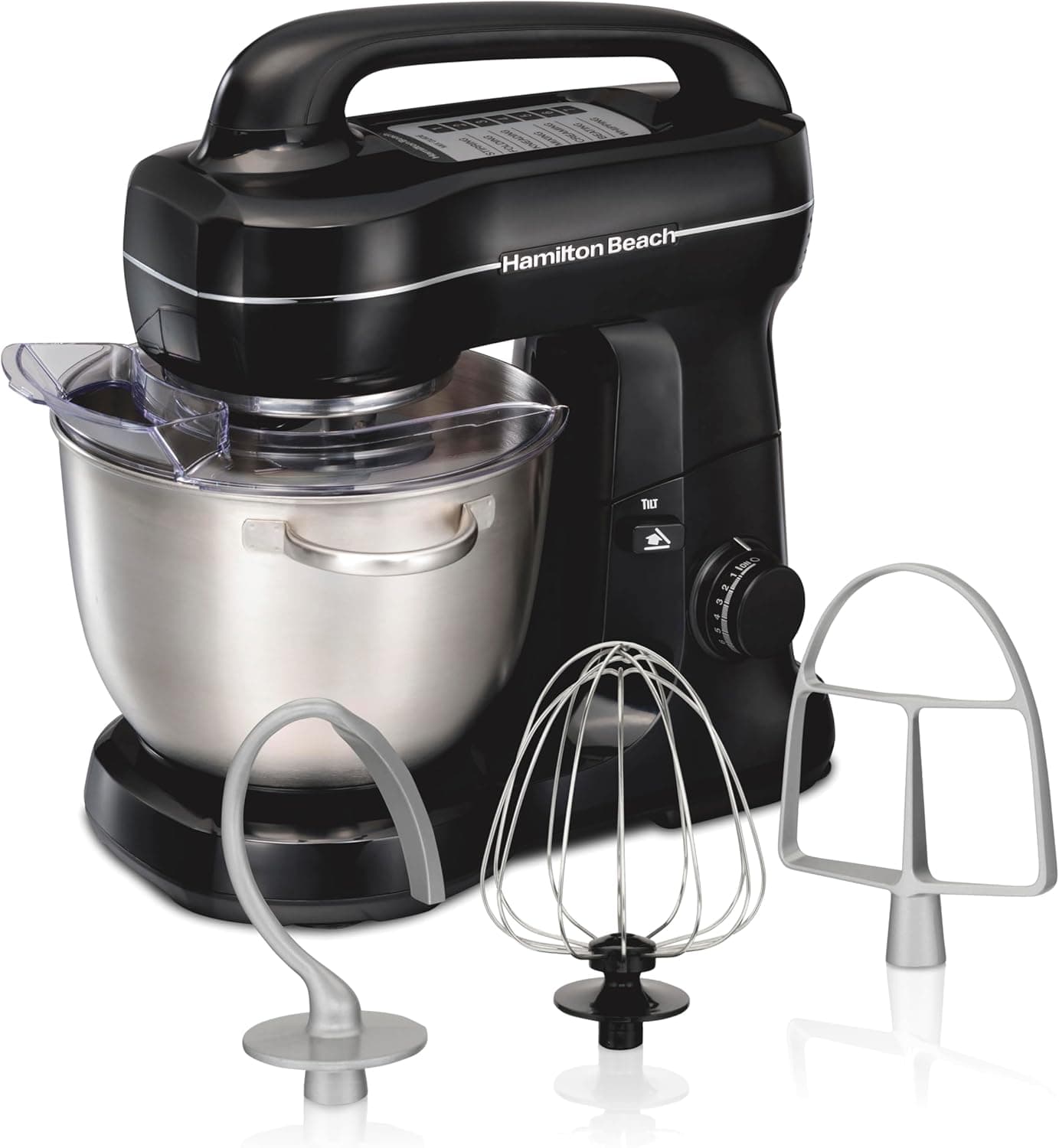 Hamilton Beach Electric Stand Mixer, 4 Quarts, Dough Hook, Flat Beater Attachments, Splash Guard, 7 Speeds with Whisk, Black
