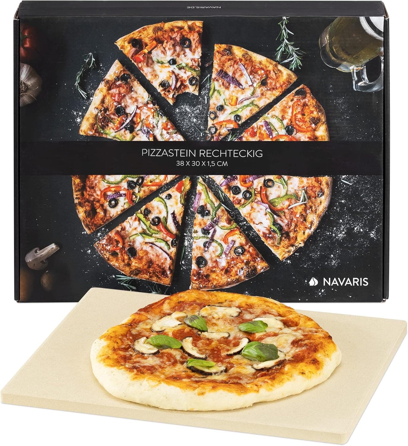 Navaris XL Pizza Stone for Baking - Cordierite Pizza Stone Plate for BBQ Grill Oven - Rectangular, 15 x 12 x 0.6 in, Incl. Recipe Book