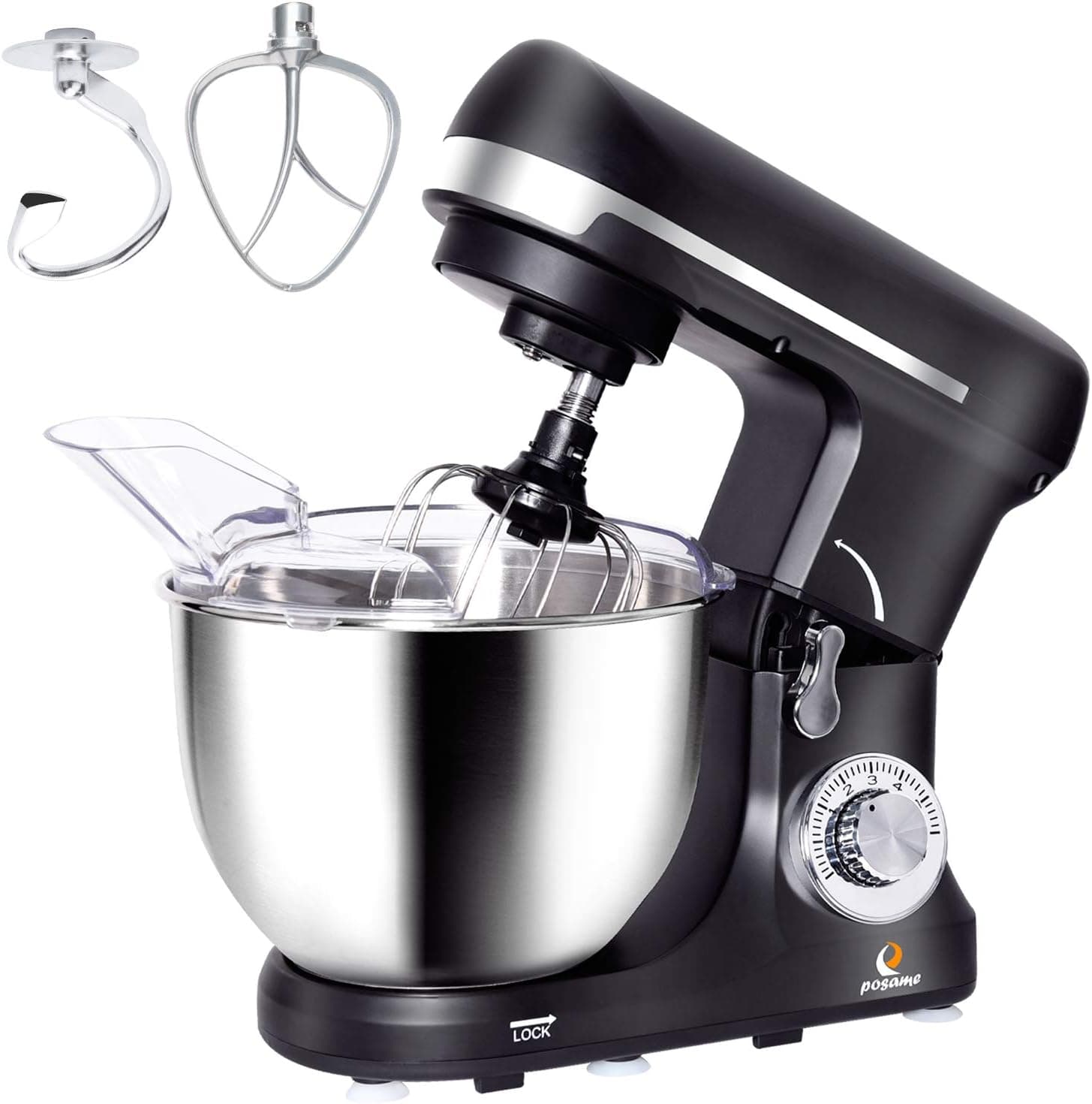 Posame Stand Mixer, Dough Mixer Cake/Bread Kneading Machine, Tilt-Head with 5 Quart Stainless Steel Bowl, 500-Watt, Black