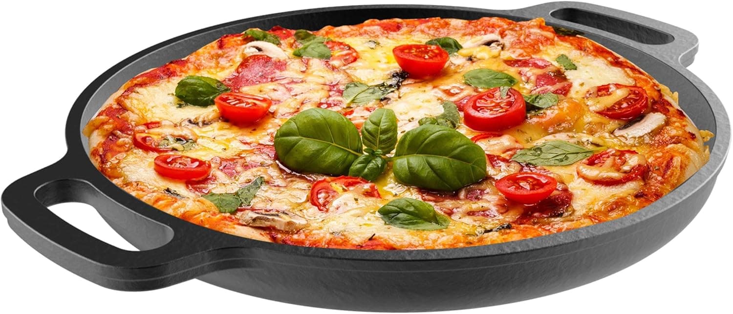 Classic Cuisine Cast Iron Pizza Pan - 13.25" Pre-Seasoned Skillet for Cooking, Baking, Grilling
