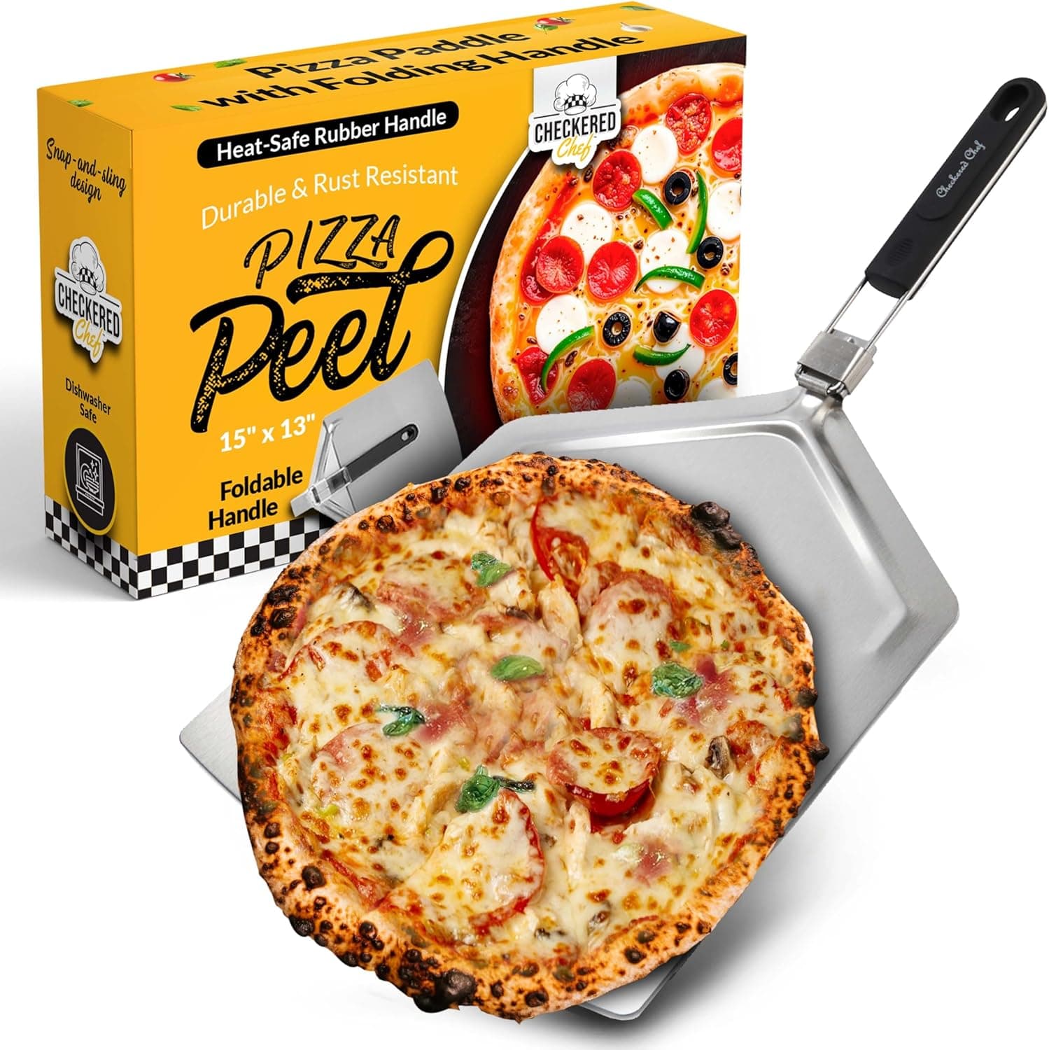 Checkered Chef Pizza Peel, Foldable Design, 13 Inch x 15 Inch, Stainless Steel Metal with Folding Handle