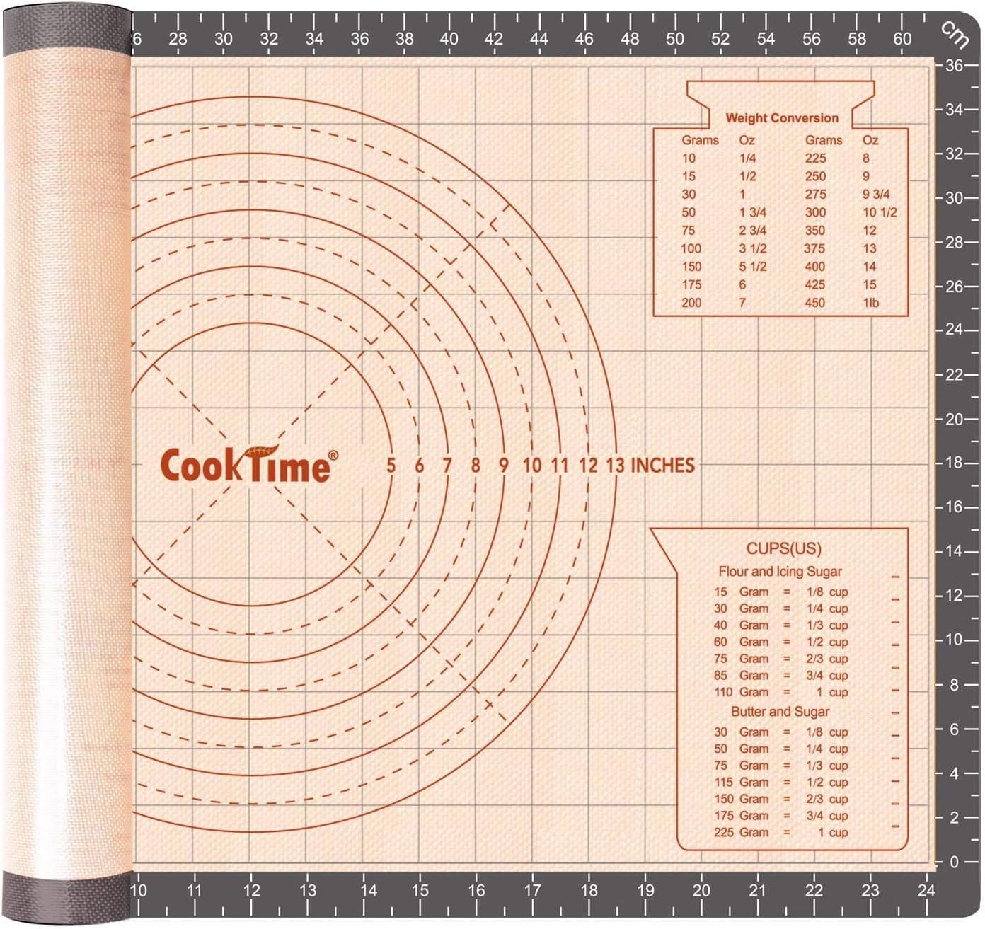 Cook Time Silicone Pastry Baking Mat Non Stick - Large Rolling Dough Mat with Measurements, 26 x 16 Inch