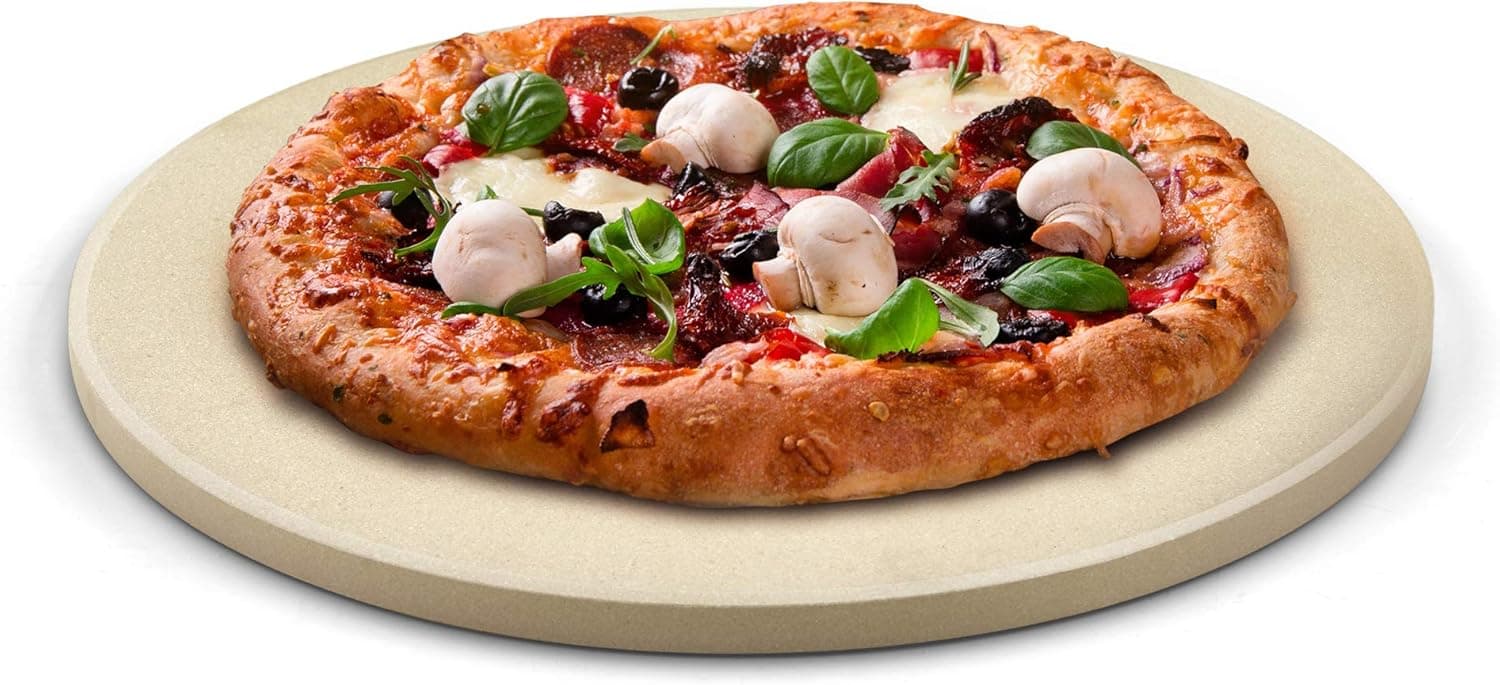 Cook N Home Pizza Grilling Baking Stone with Scraper, Heavy Duty Cordierite 16-Inch Round Bread Stone for Oven and Grill, Cream