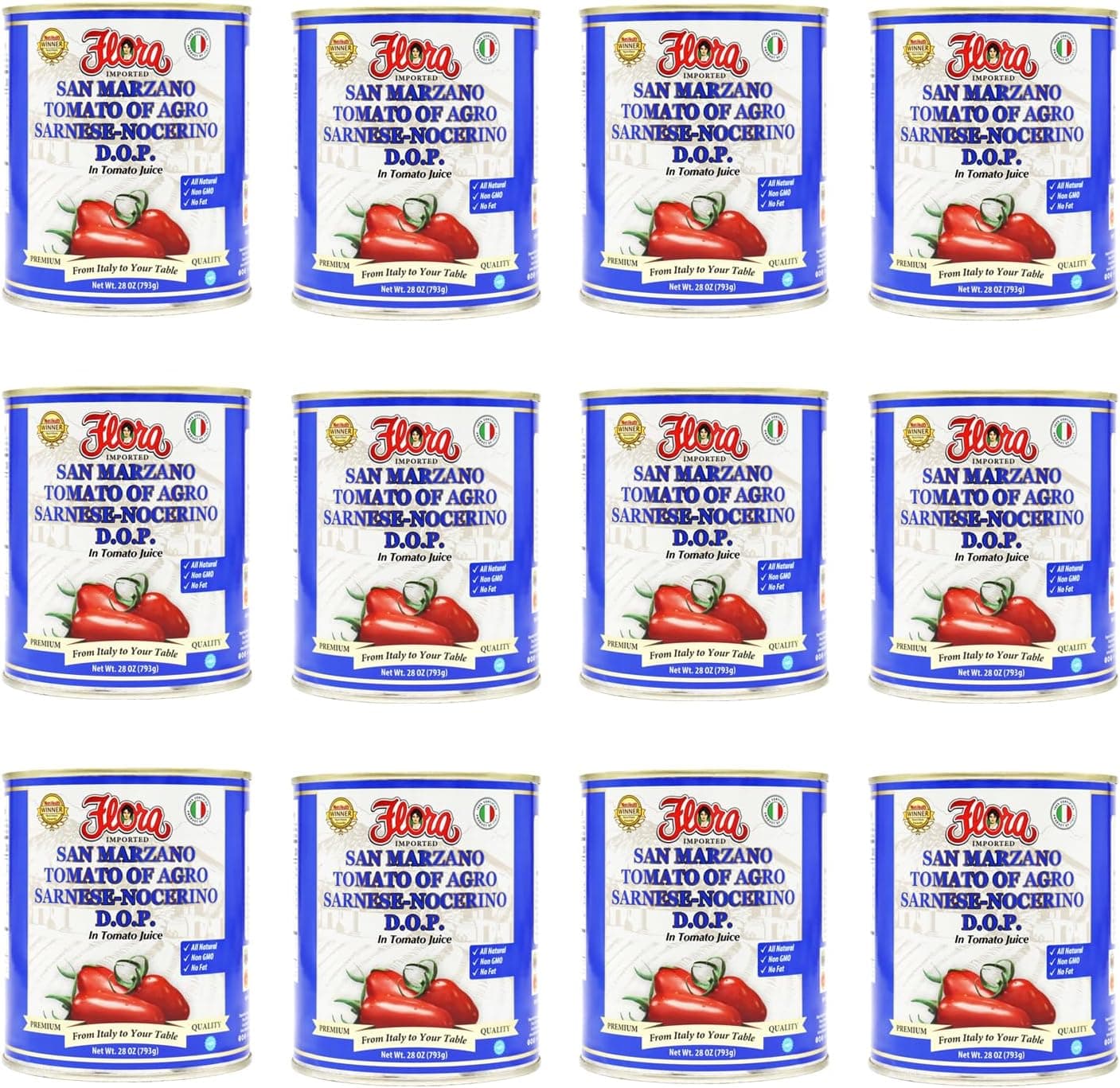 Flora Foods Tomatoes San Marzano DOP, 28 oz (793g), 100% Italian Quality, Imported (12 Pack)