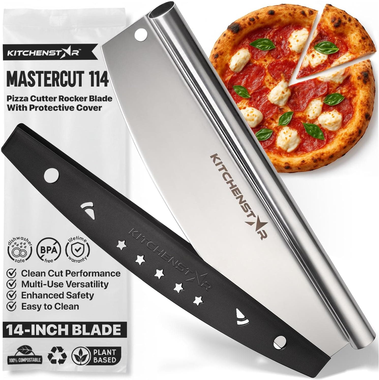 KitchenStar 14-Inch Pizza Cutter Rocker Blade - Sharp Stainless Steel Slicer Knife, Black Nonstick