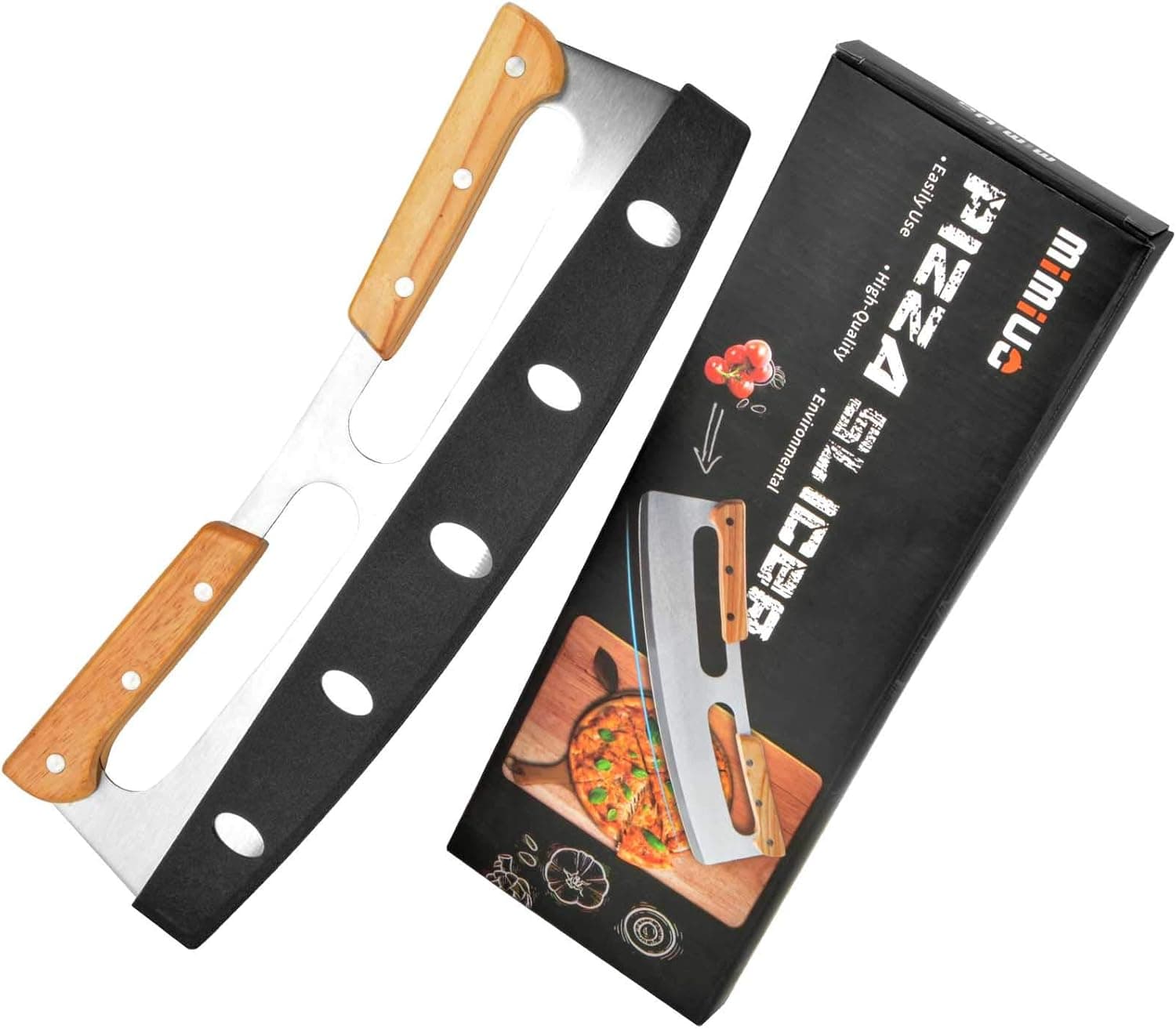 Mimiuo Stainless Steel Pizza Cutter Rocker Blade with Wooden Handles - 14 Inch with Protective Cover