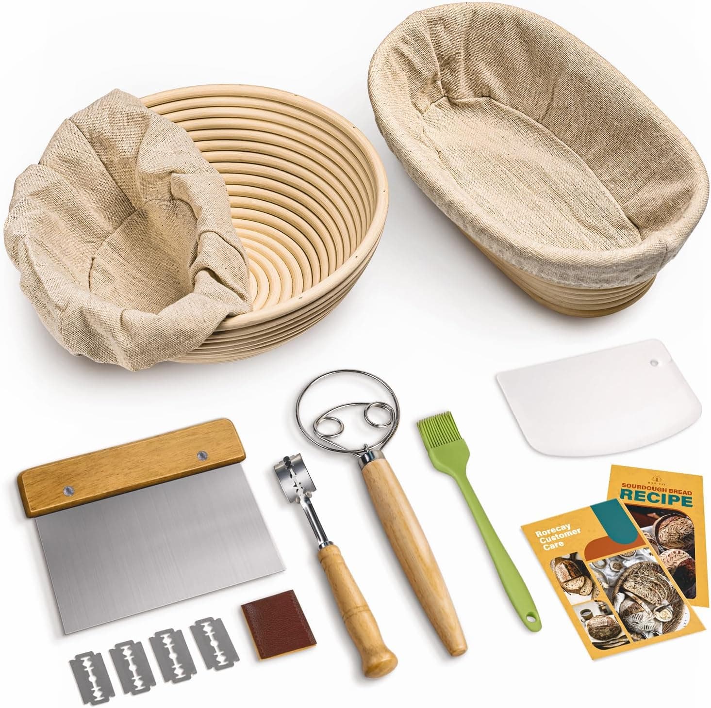 RORECAY Bread Banneton Proofing Basket Set, 9 Inch Round & 10 Inch Oval Cane Sourdough Baskets with Dough Whisk, Lame, Scrapers