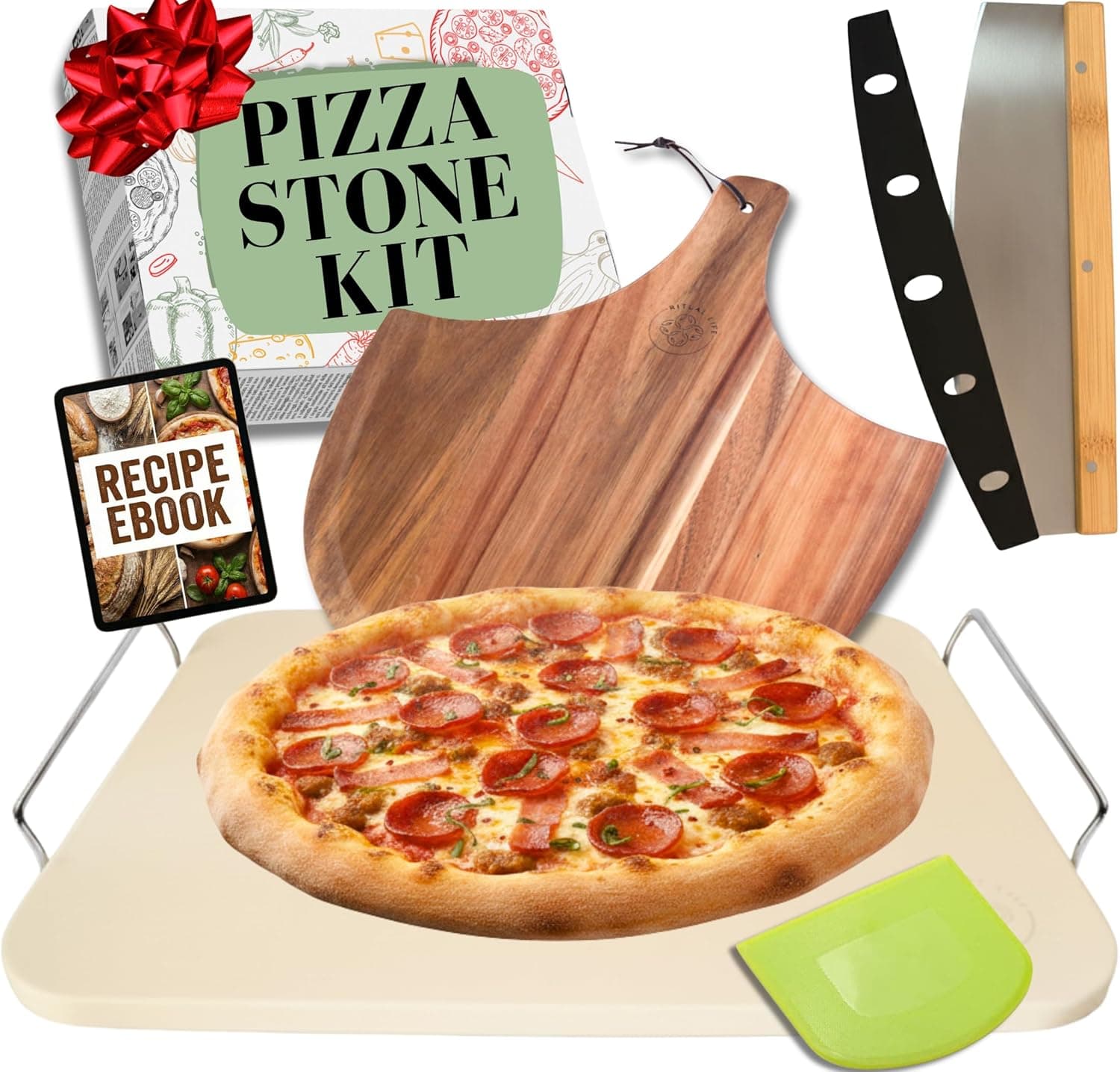 Ritual Life Pizza Stone for Oven and Grill Set - 5PCS Pizza Making Accessories Kit - 15 Inch Pizza Stone with Handles, Pizza Peel, Pizza Cutter, Dough Tool