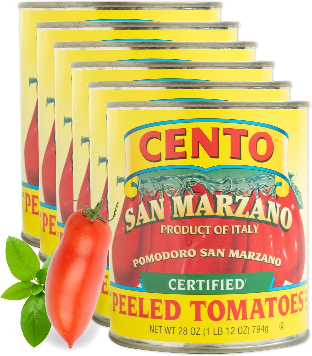 Cento Certified San Marzano Whole Peeled Tomatoes, 28 Oz (Pack of 6), Canned Plum Tomatoes in Thick Puree with Basil