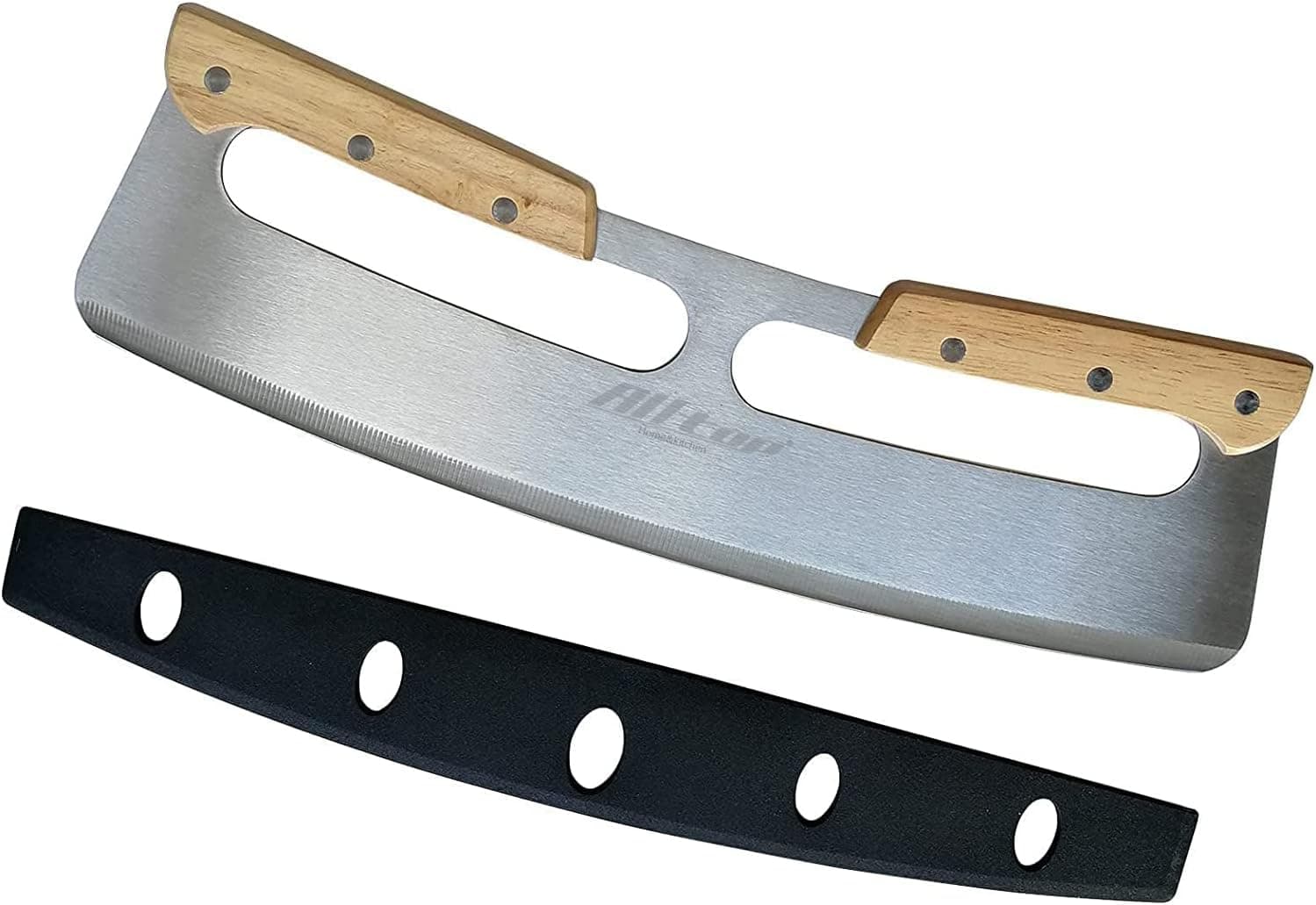 ALLTOP Pizza Cutter Rocker, Stainless Steel Blade Knife with Double Wooden Handle & Plastic Cover, 14 In