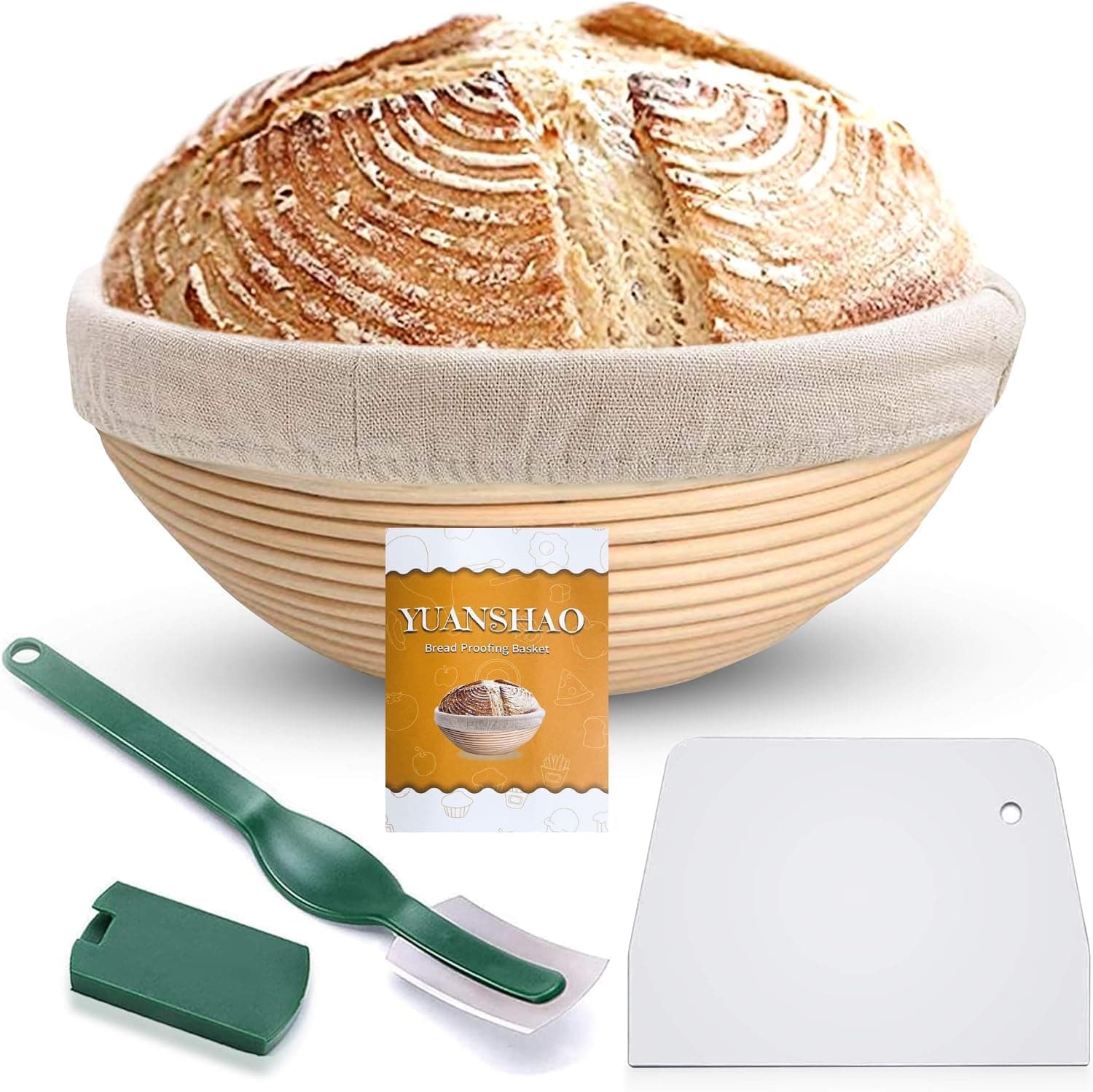 Bread Proofing Banneton Set - 9 Inch Round Natural Rattan Basket with Linen Liner Cloth and Sourdough Scraper Tool