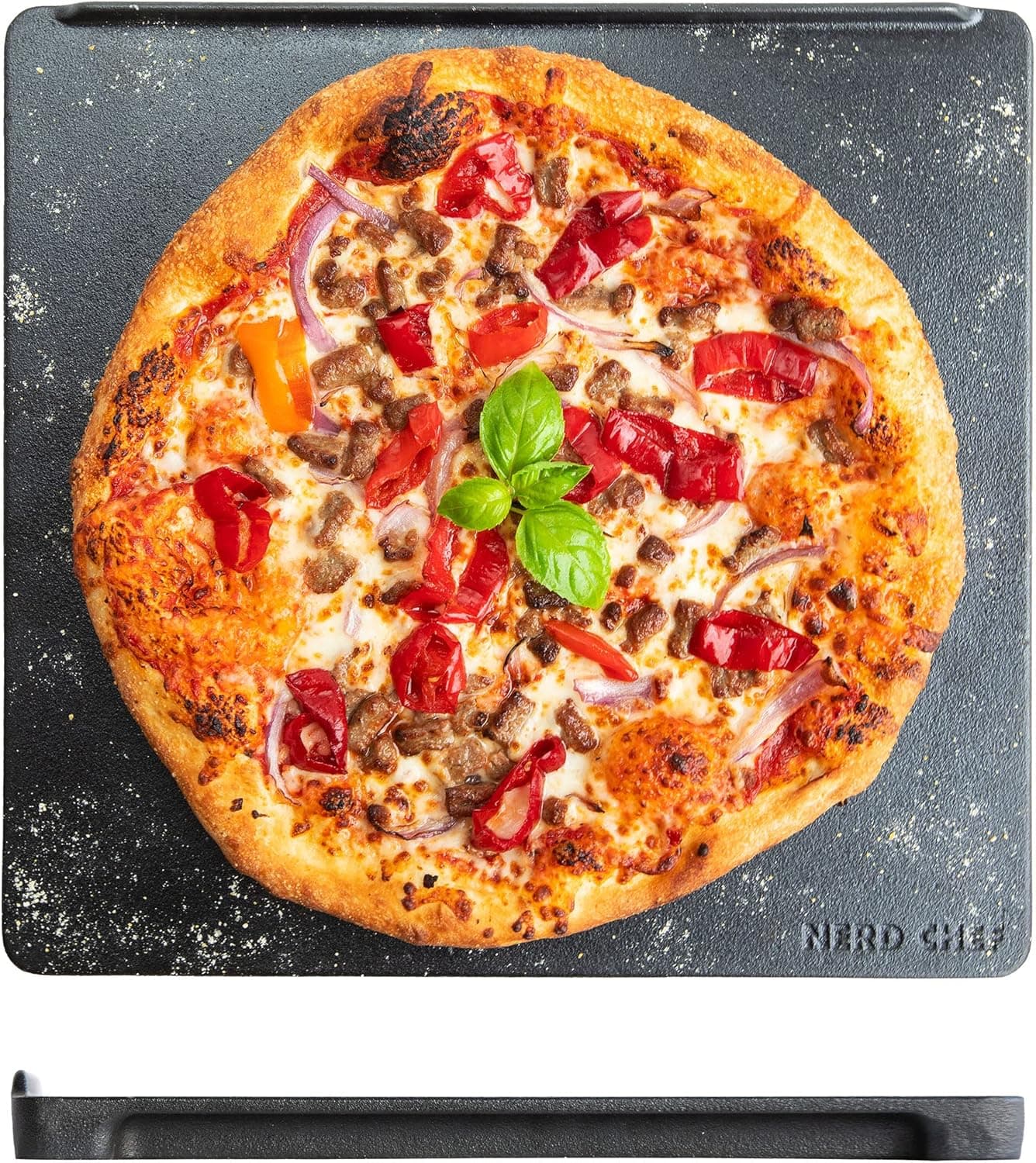NerdChef Speed Steel - High Performance Pizza Baking Stone with Integrated Backstop, Handles and Heating Fins (13.5" x 14.5" x .90" Thick)