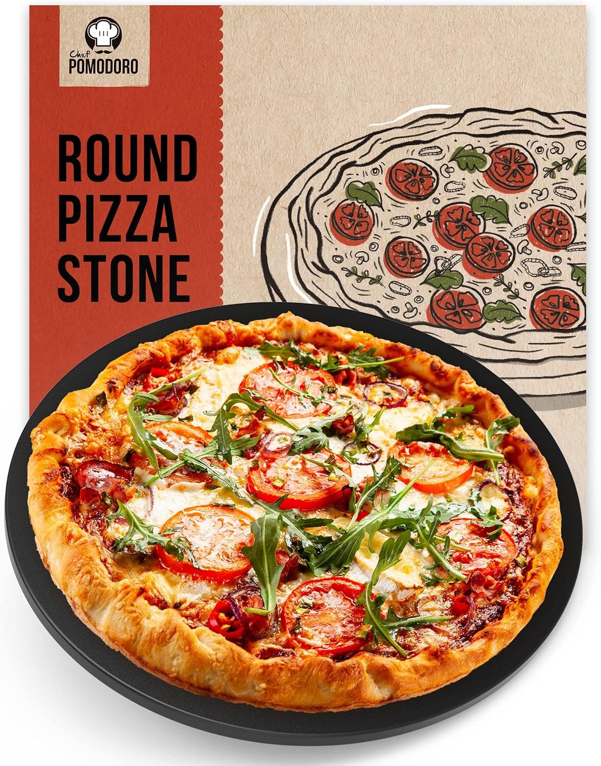 Chef Pomodoro Round Pizza Stone for Oven and Grill, 15 Inch Baking Stone for Pizza and Bread