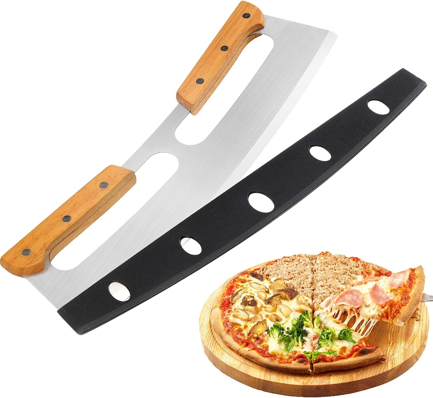 Zocy Pizza Cutter Rocker with Wooden Handles & Protective Cover, 14" Sharp Stainless Steel Pizza Slicer