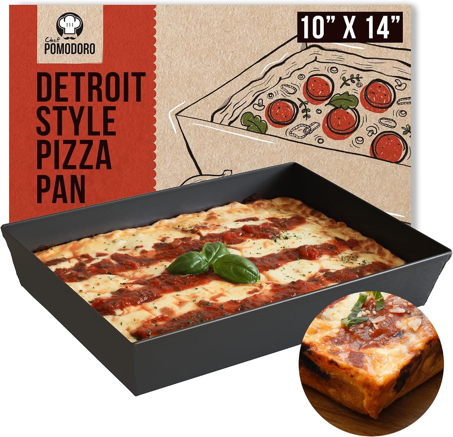 Chef Pomodoro Detroit Style Pizza Pan, 10 x 14 inch, Hard Anodized Rectangular Aluminum Deep Dish Pizza Pan, Pre-Seasoned
