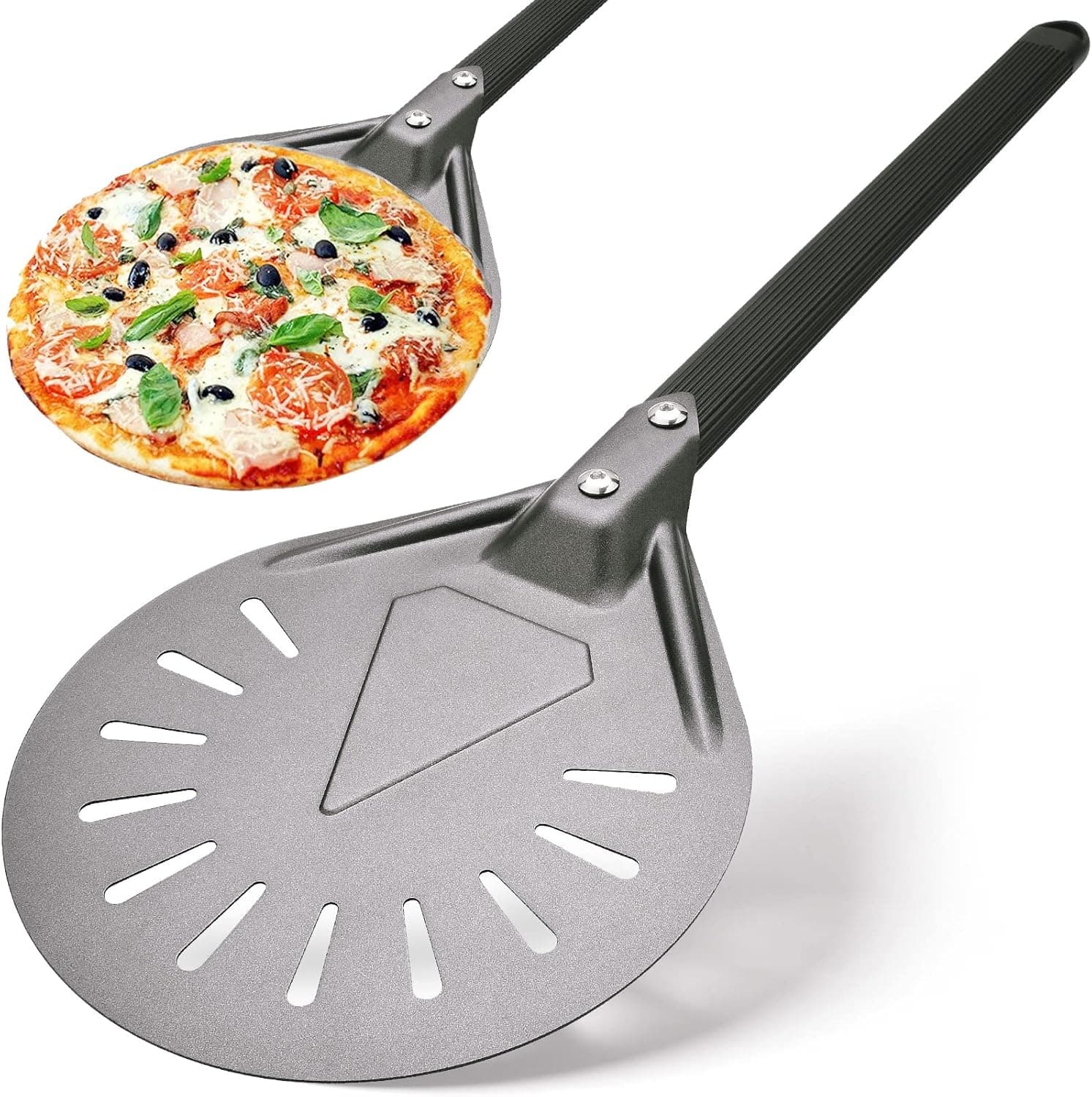 RTT Turning Pizza Peel with 8 Inch Aluminum Round Pizza Paddle, 23.6 Inch Overall, Outdoor Pizza Oven Accessories