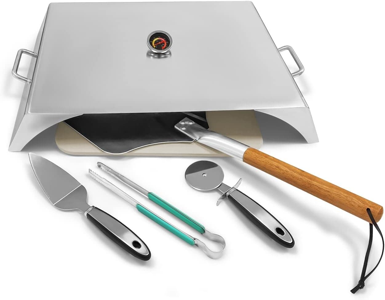 ZHOUWHJJ Universal Stainless Steel Grill Top Pizza Oven Kit with Pizza Stone, Pizza Peel, Pizza Cutter, Pizza Shovel for Most Gas Grills, Flat Top Grills, Griddles - Set of 7