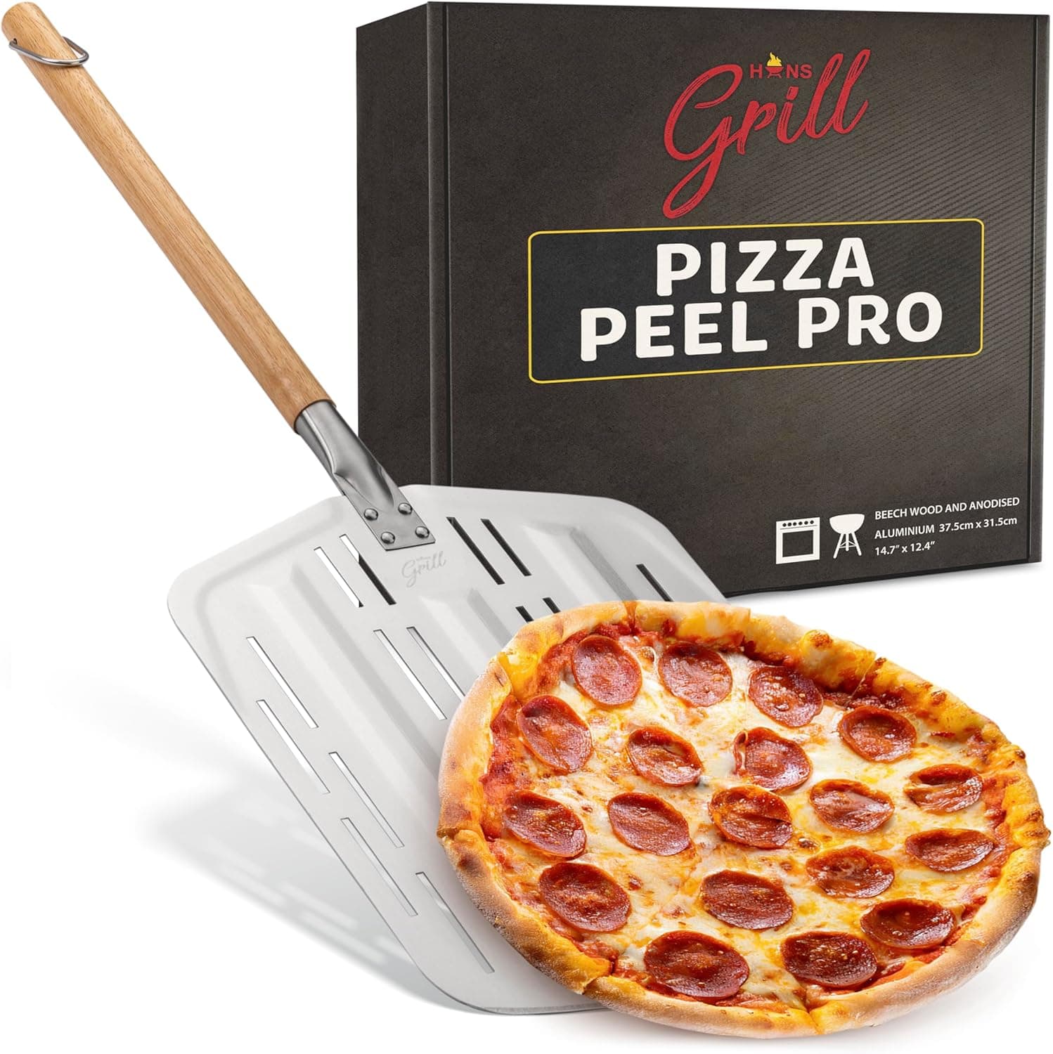 Hans Grill Pizza Peel PRO | Made for XL Pizza 12 inch + | Professional Restaurant Grade Perforated Metal Non-Stick Paddle