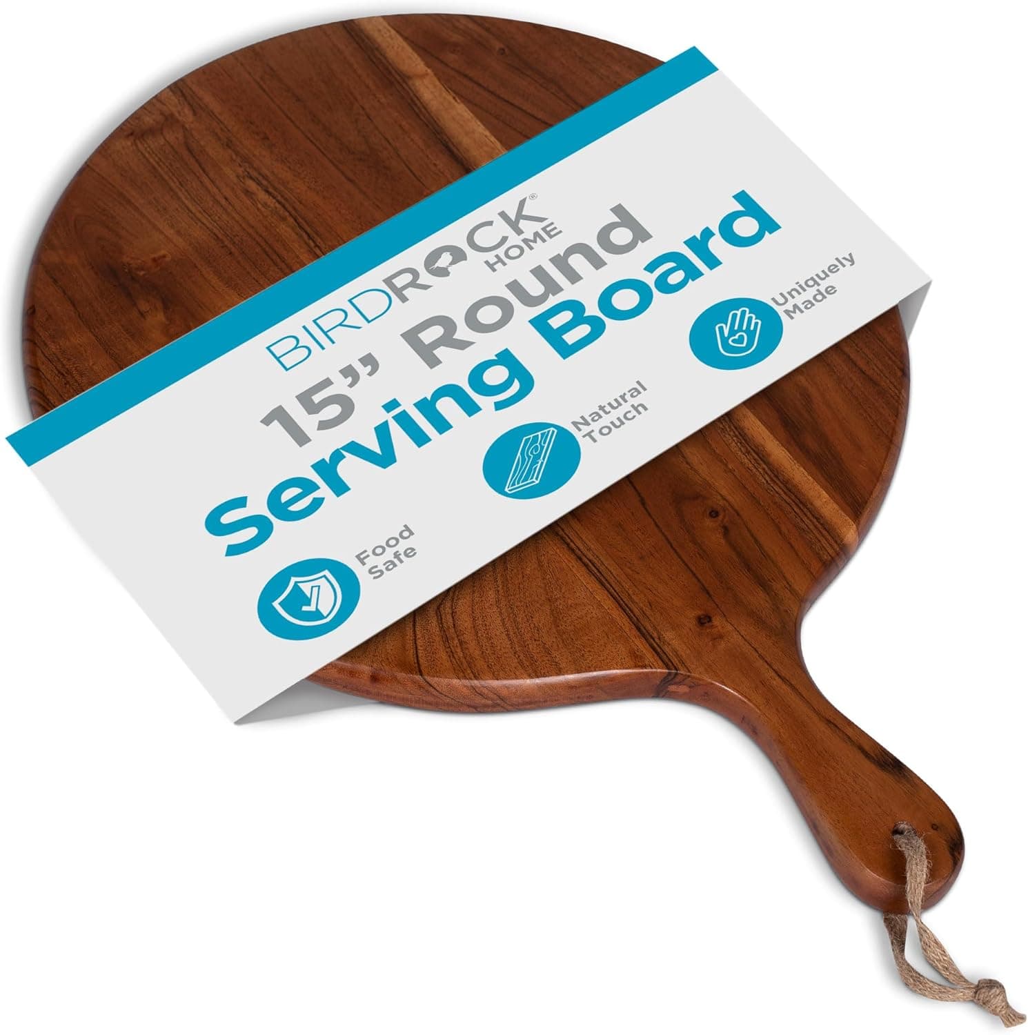 BIRDROCK HOME Acacia Wooden Cheese Serving Board with Handle - Charcuterie, Pizza, Food Display Tray - Espresso, 15 Inch Round