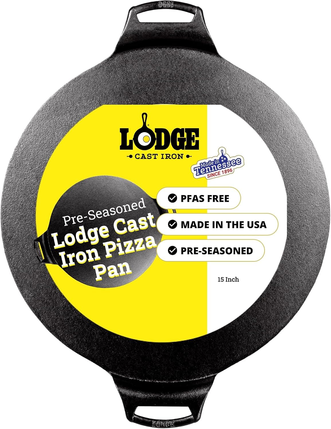 Lodge Seasoned Cast Iron Pizza Pan 15 Inch - Pre-Seasoned Round Pizza Pan with Dual Assist Handles