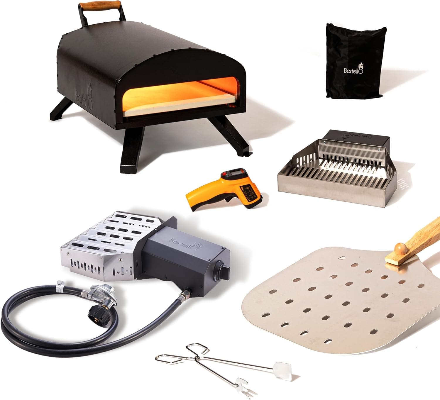 Bertello SimulFIRE Outdoor Pizza Oven Bundle - Wood Fire Portable 12 inch Brick Oven with Gas Burner, Peel, Wood Tray, Cover