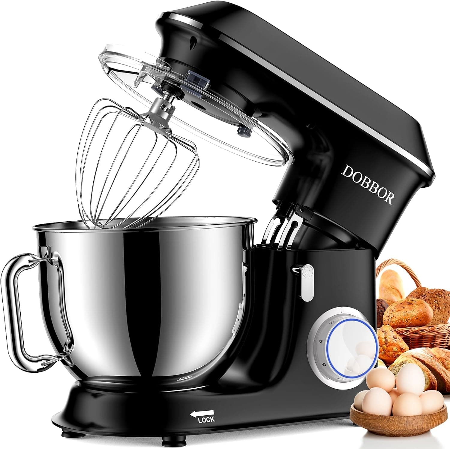 DOBBOR Electric Stand Mixer, 9.5QT 660W 7 Speeds Tilt-Head Dough Mixer with Dough Hook, Whisk, Beater, Splash Guard, Black