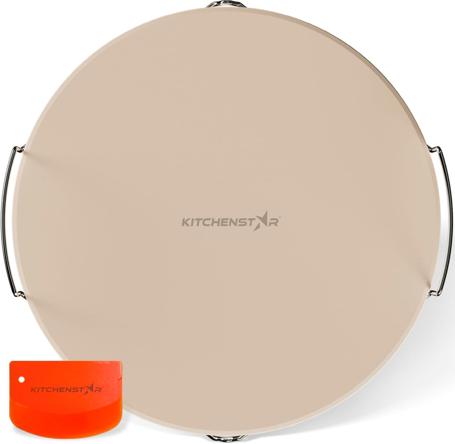 KitchenStar 16-Inch Pizza Stone for Oven and BBQ Grill with Handles, Round, 5/8" Thick - Natural Cordierite, 1800F Resistant, with Stainless Steel Rack & Scraper Tool