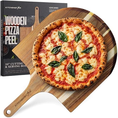 16-Inch Wooden Pizza Peel, X-Large Paddle, Cutting & Serving Board w Handle | Acacia Wood, Perfect for Large Pizzas, Wax & Oil Finish, Beveled Edge, Smooth Pizza Transfer, Hanging Hole for Easy Storage