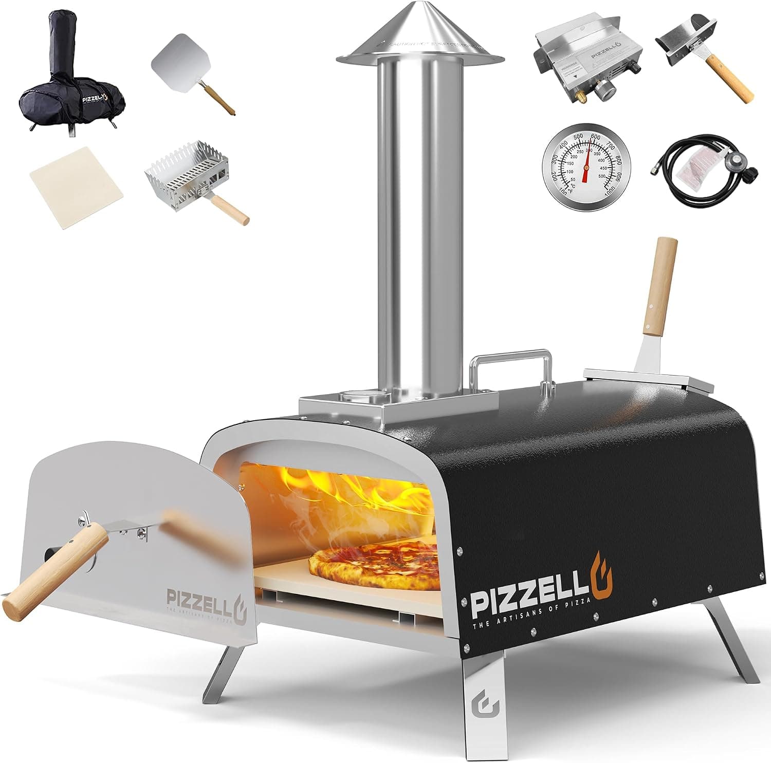 PIZZELLO 12" Outdoor Pizza Oven Propane and Wood Fired Multi-Fuel Pizza Maker with Gas Burner, Wood Tray, Stone, Peel, Cover