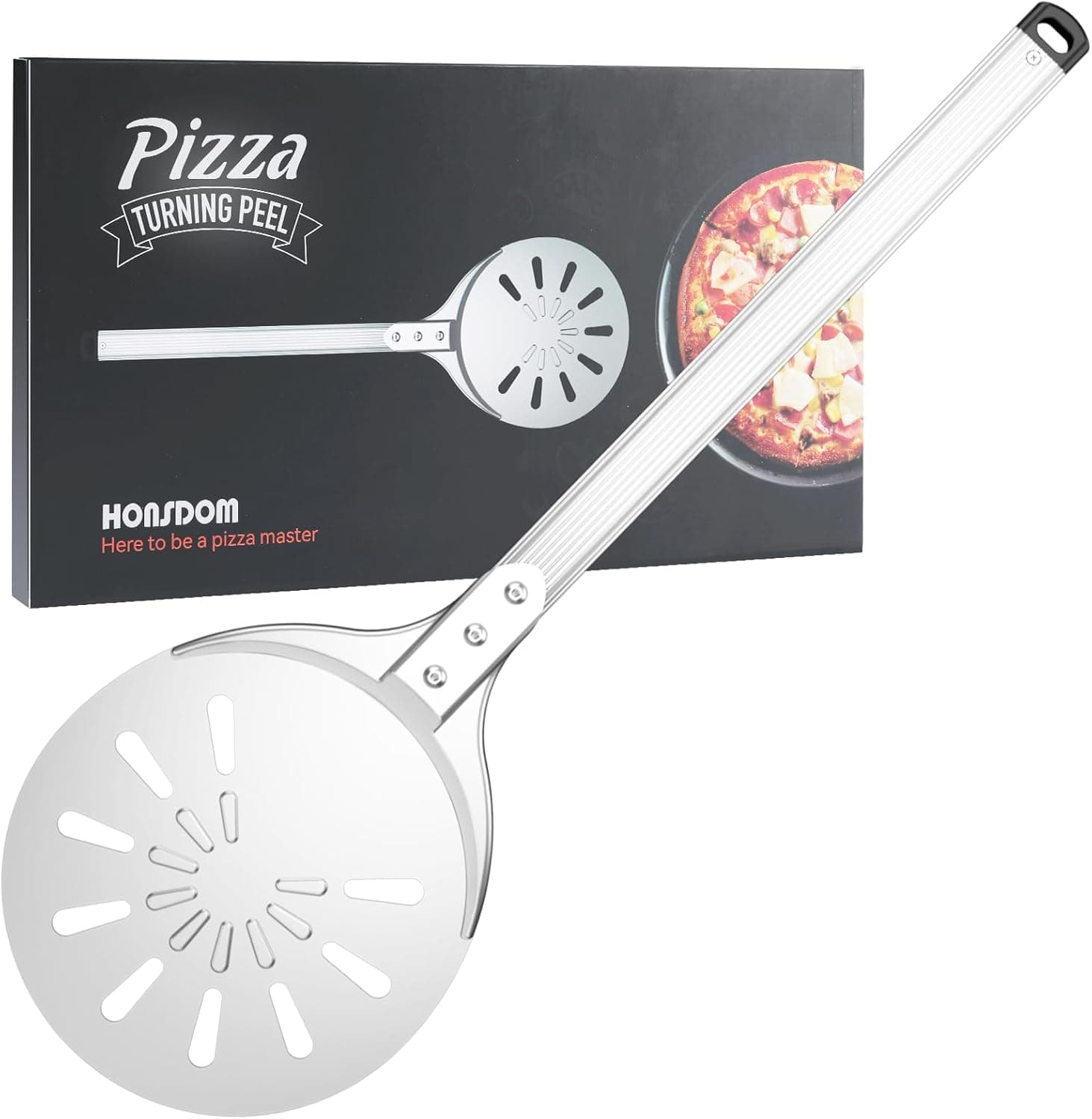 Pizza Turning Peel, 8-inch Pizza Peel Turner Spinner with Non-Slip Long Handle & Silicone Hanging Hook