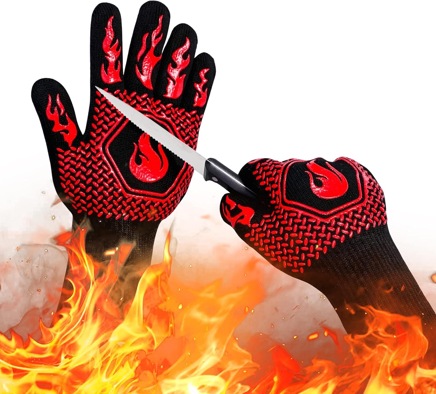 BBQ Fireproof Gloves, Grill Cut-Resistant 1472F Heat Resistant Gloves, Non-Slip Silicone Oven Gloves, 13.8 Inch