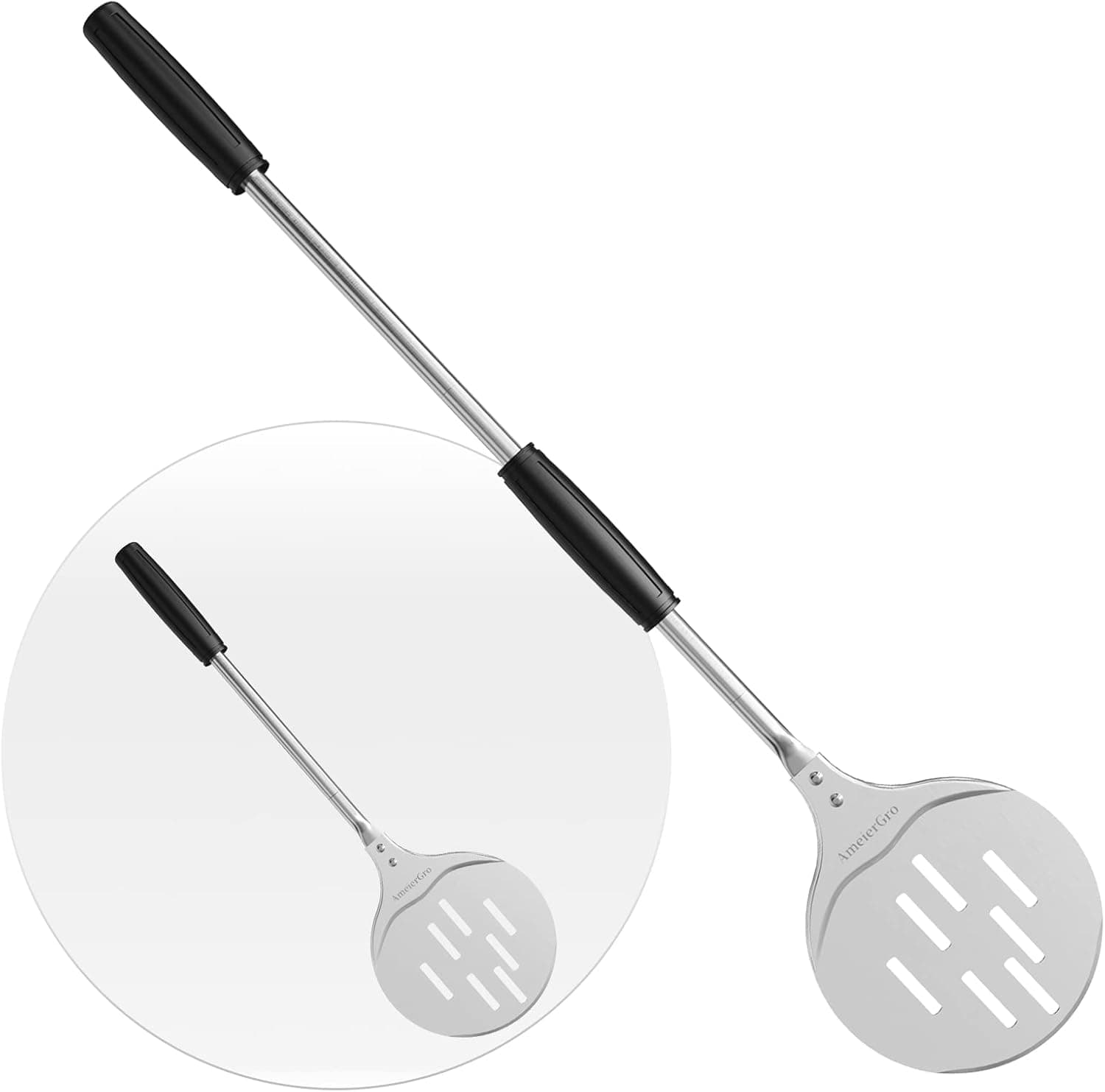 AmeierGro Pizza Turning Peel, 7 Inch Perforated Pizza Peel Turner with Adjustable Long Handle, Hard Anodized