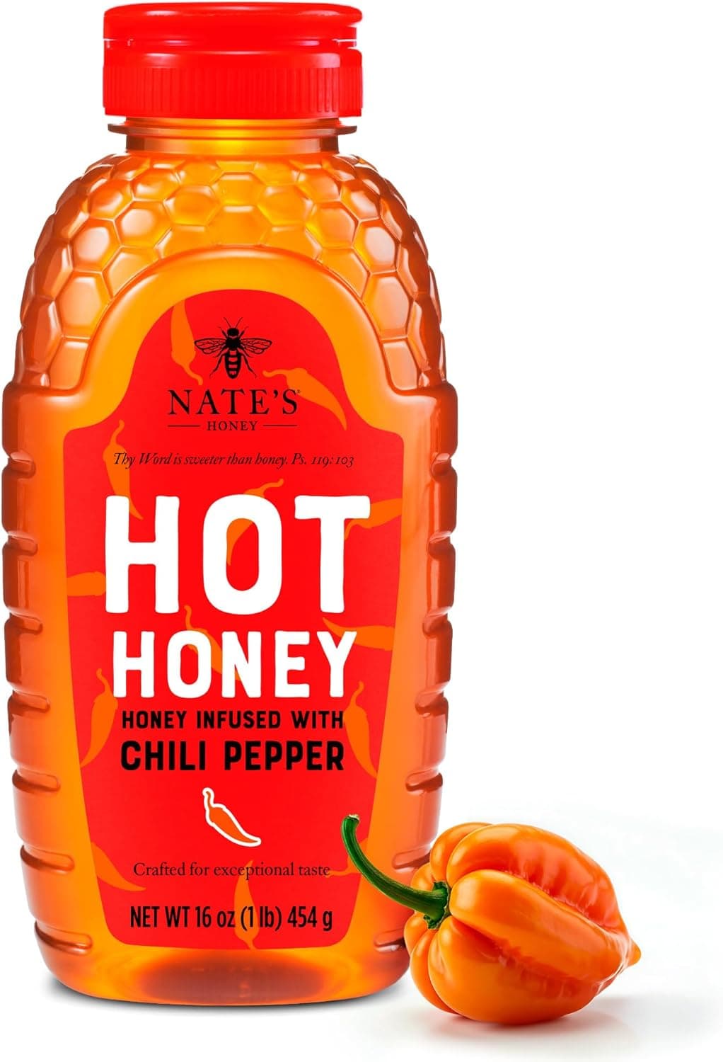 Nate's Hot Honey - 100% Pure Honey Infused with Habanero Chili Pepper Flakes, 16 oz Squeeze Bottle