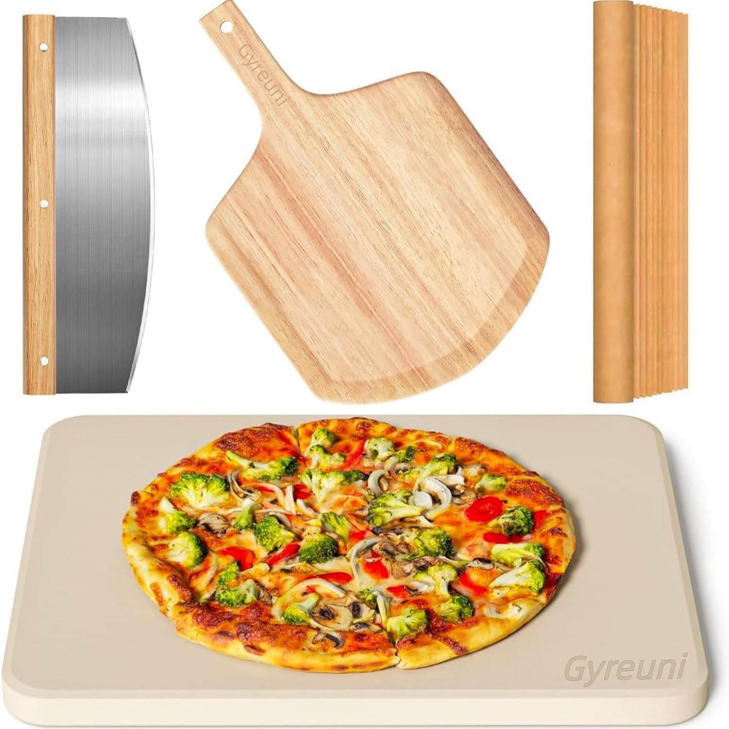 4 PCS Rectangle Pizza Stone Set, 15" Large Pizza Stone for Oven and Grill with Pizza Peel (Oak), Pizza Cutter & 10pcs Cooking Paper