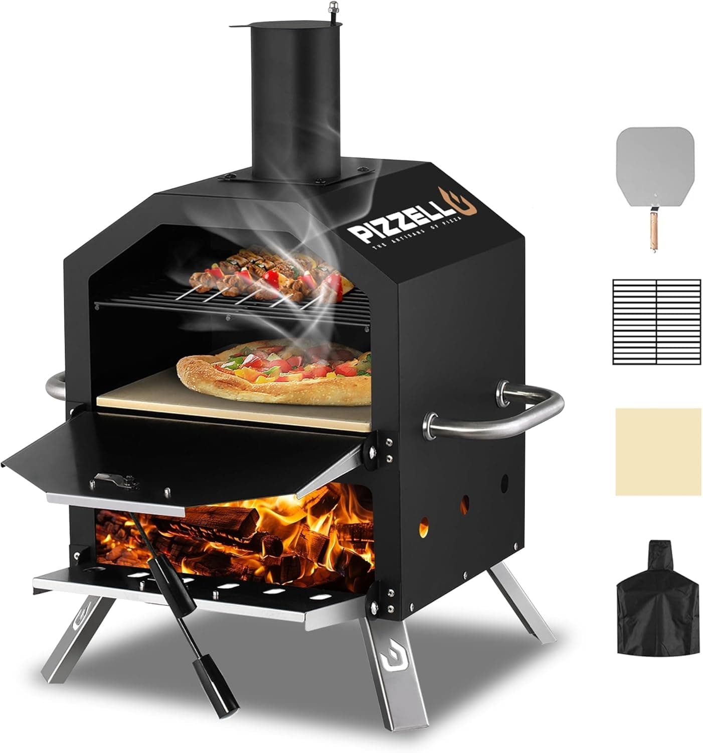 Pizzello Outdoor Pizza Oven Wood Fired 2-Layer Pizza Ovens with Stone, Pizza Peel, Cover, Removable Cooking Rack (Black)