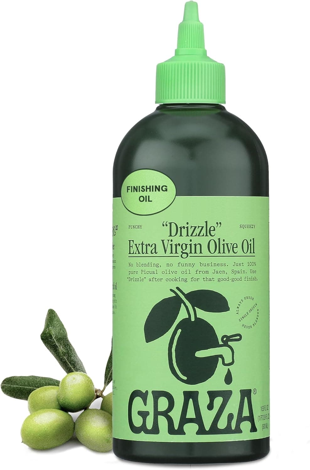 Graza Drizzle Extra Virgin Olive Oil, Finishing Oil - High Polyphenol Early Harvest EVOO in a Squeeze Bottle, 16.9 Fl Oz