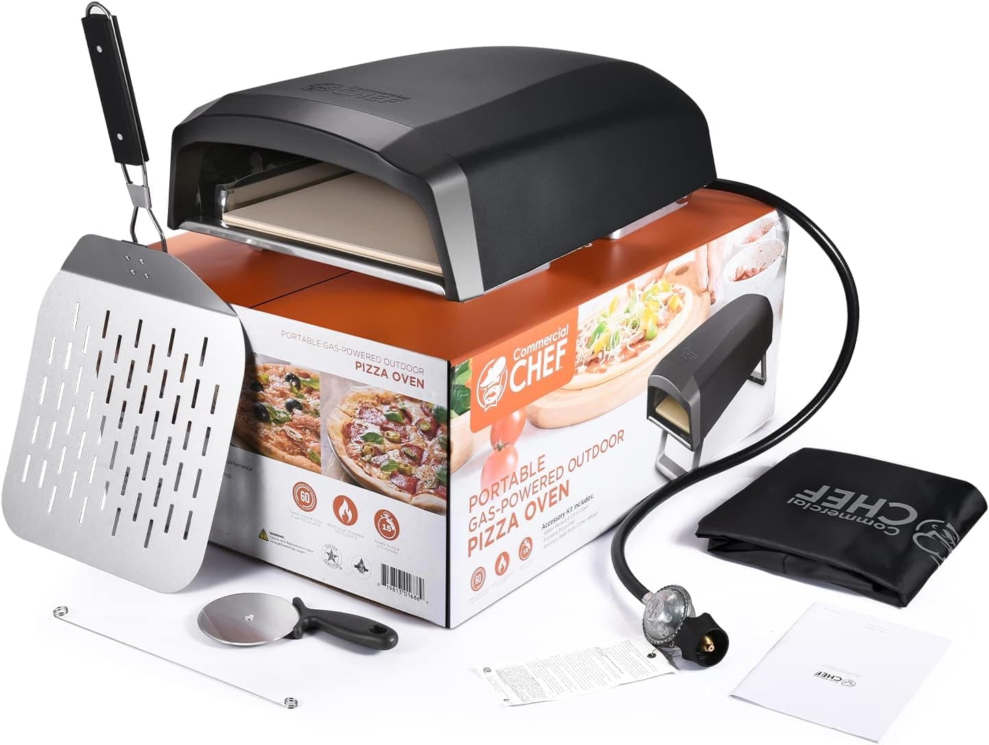 Commercial Chef Outdoor Gas Pizza Oven - Portable Propane Pizza Maker with Door, Peel, Stone, Cutter, and Cover