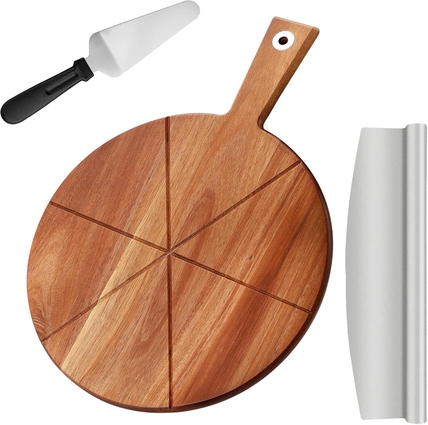 Pizza Peel 12 Inch, Wood Pizza Board with Handle, Round Pizza Paddle with Cutter, Acacia Pizza Cutting Board