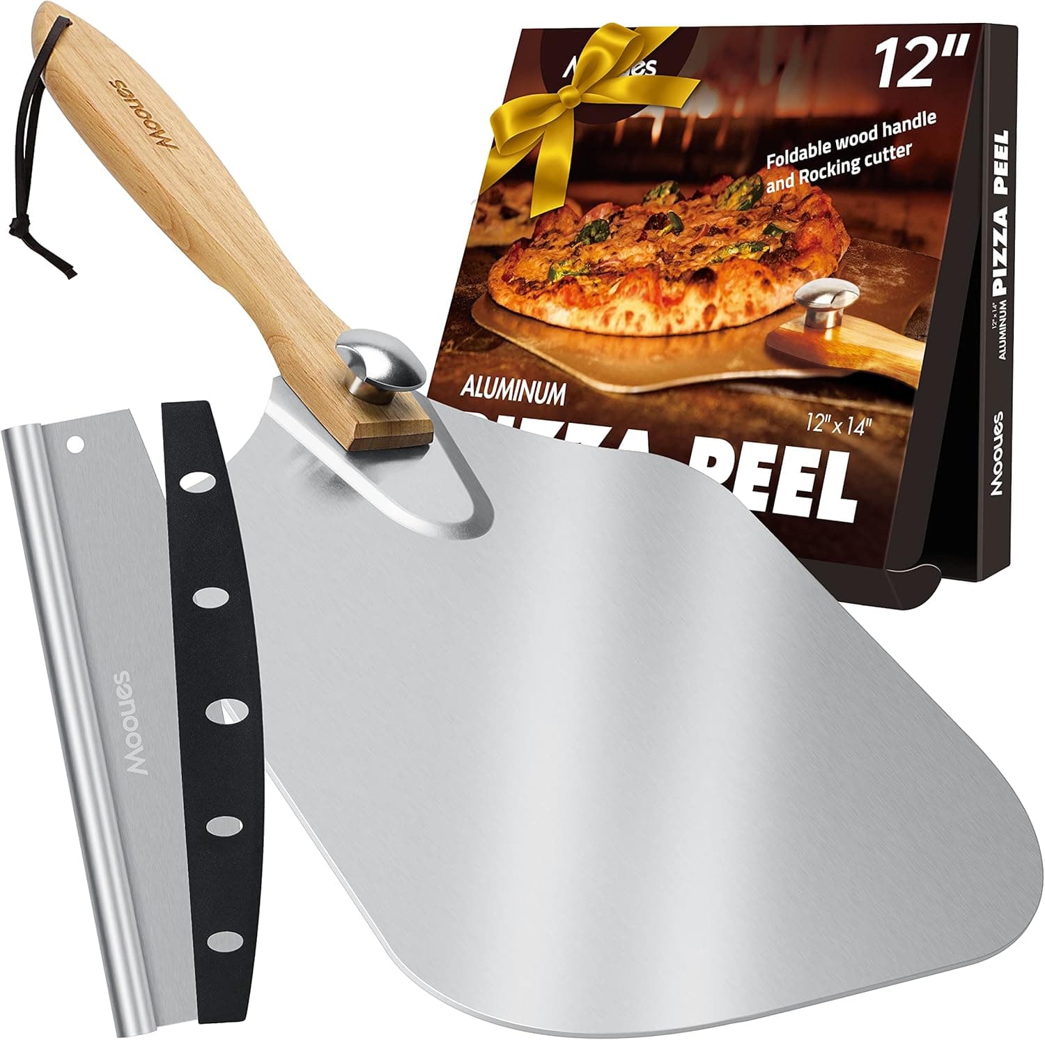 Mooues 12 inch Aluminum Pizza Peel Metal Pizza Paddle (12" x 14") with Rocker Cutter and Foldable Wood Handle