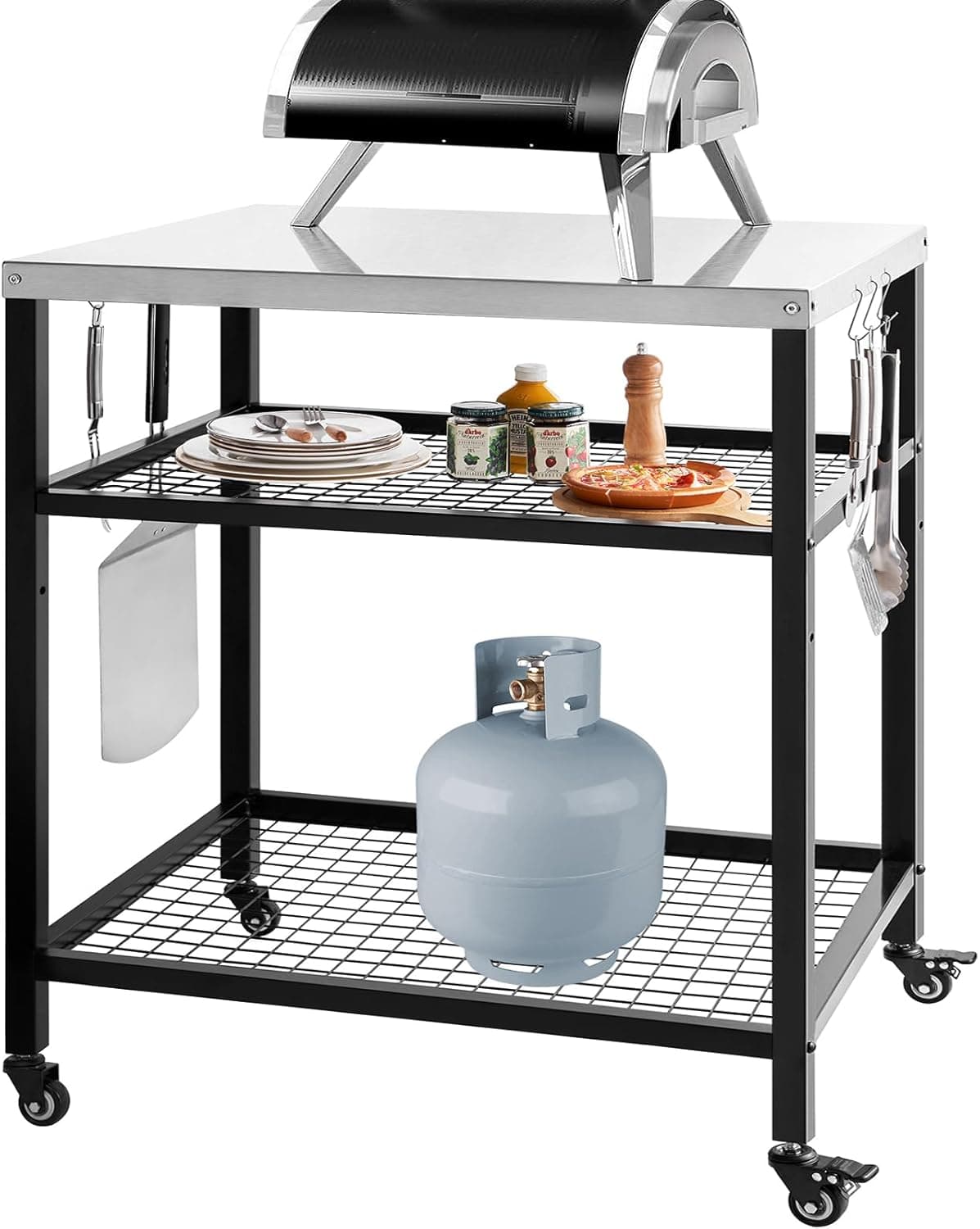 WEASHUME Stainless Steel Outdoor Grill Cart Pizza Oven Stand Trolley Table with Wheels, Three-Shelf Movable Food Prep and Work Table 31.5"x24"x35.5"
