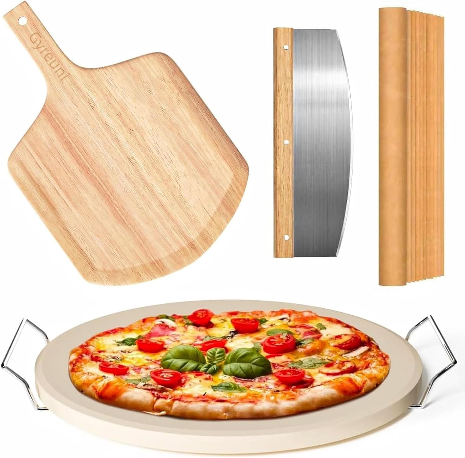 5 PCS Round Pizza Stone Set, 13" Pizza Stone for Oven and Grill with Pizza Peel (Oak), Serving Rack, Pizza Cutter & 10pcs Cooking Paper