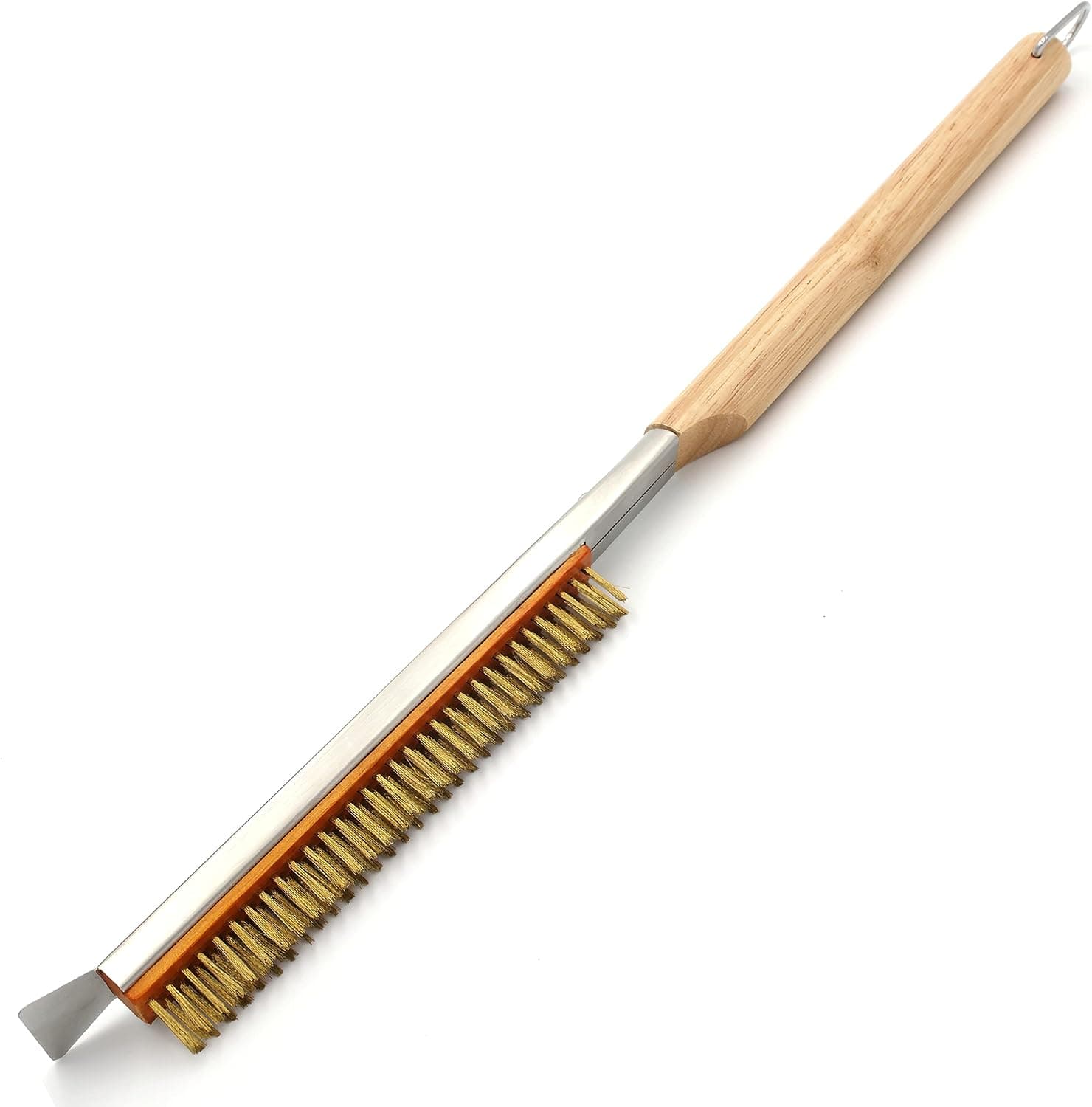 Mauncode 21 Inch Pizza Stone Brush with Scraper - Wood Handle & Brass Bristles