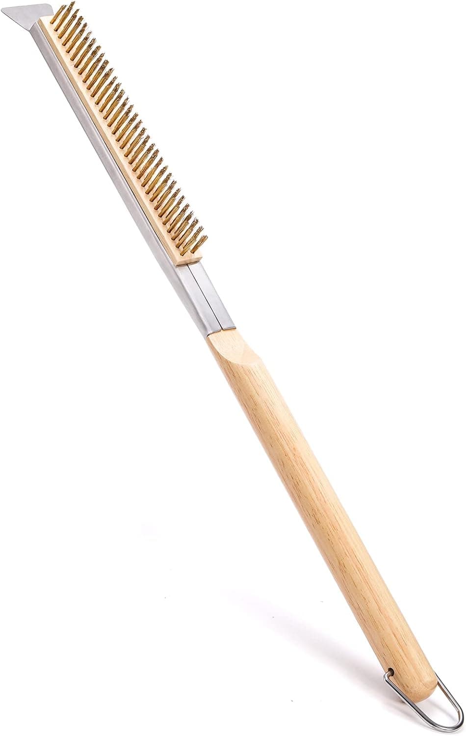 ZEAYEA 21 Inch Pizza Oven Brush with Scraper, Brass Bristles, Copper Wire Pizza Stone Cleaning Brush