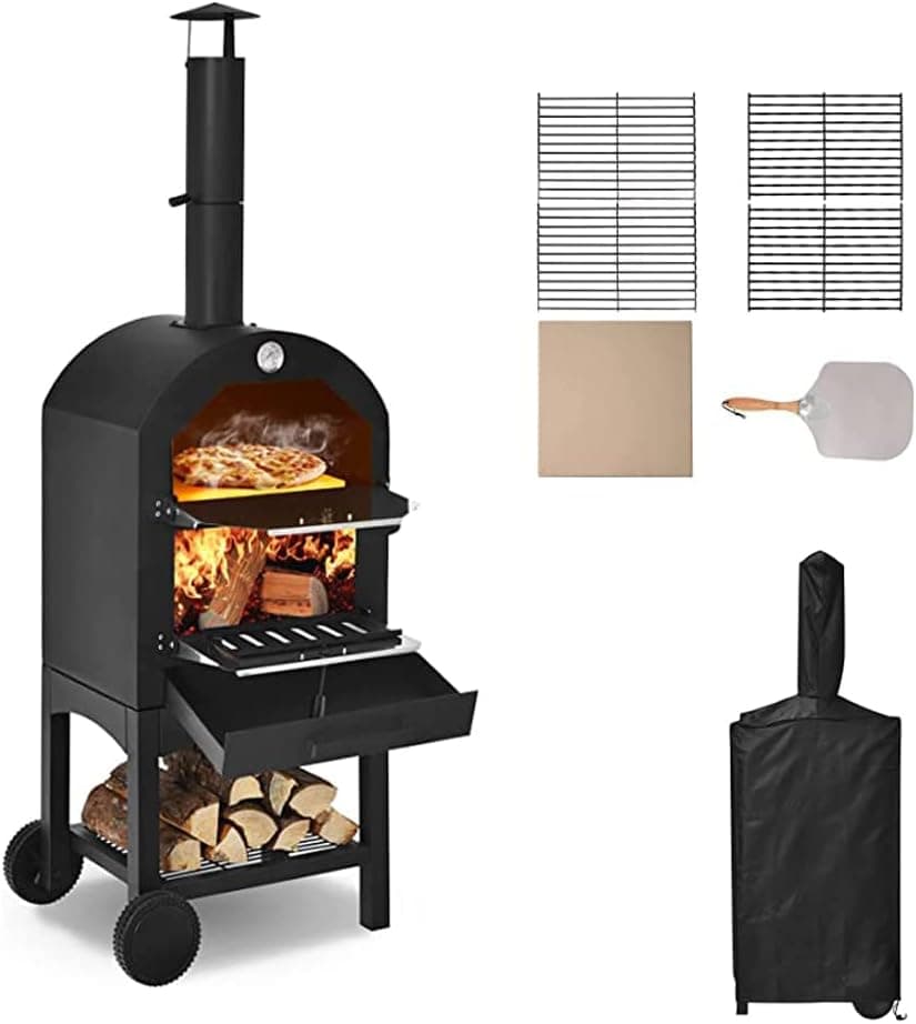 Wood Fired Outdoor Pizza Oven, Freestanding Steel Oven with 2 Wheels for Barbecue Camping Backyard Party